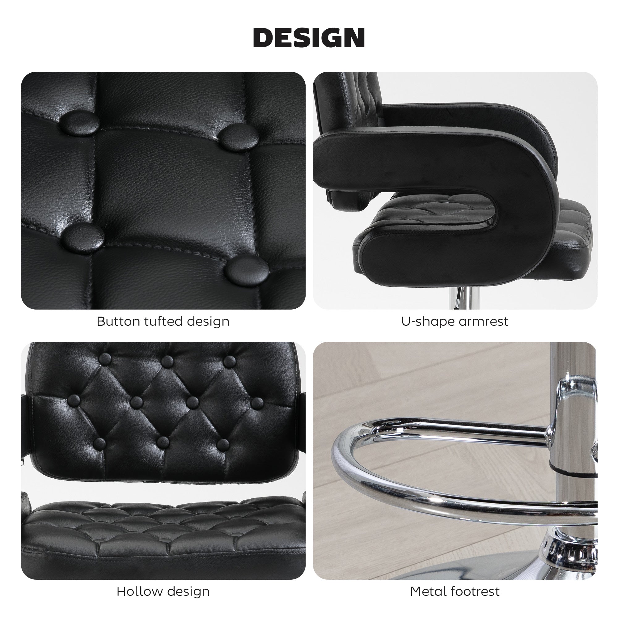 Swivel PU Leather Bar Stool with Extra-Large Seat, Armrest & Footrest, Black