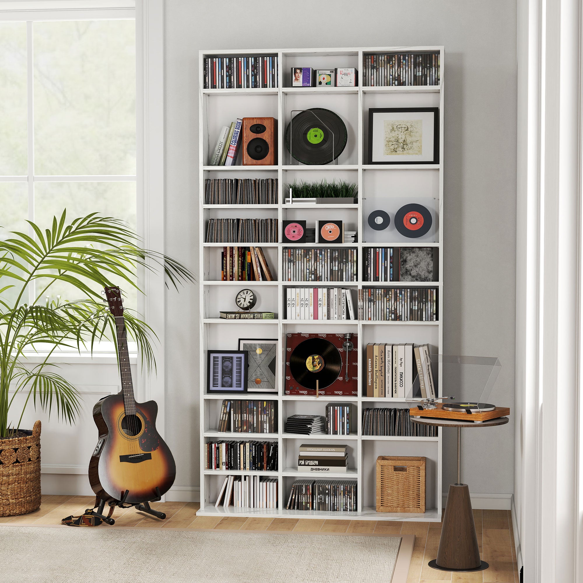 1116 CD/ 528 DVD Storage Unit, Media Storage Shelf, Wooden Display Unit with Adjustable Shelves, 102 x 195 cm, White