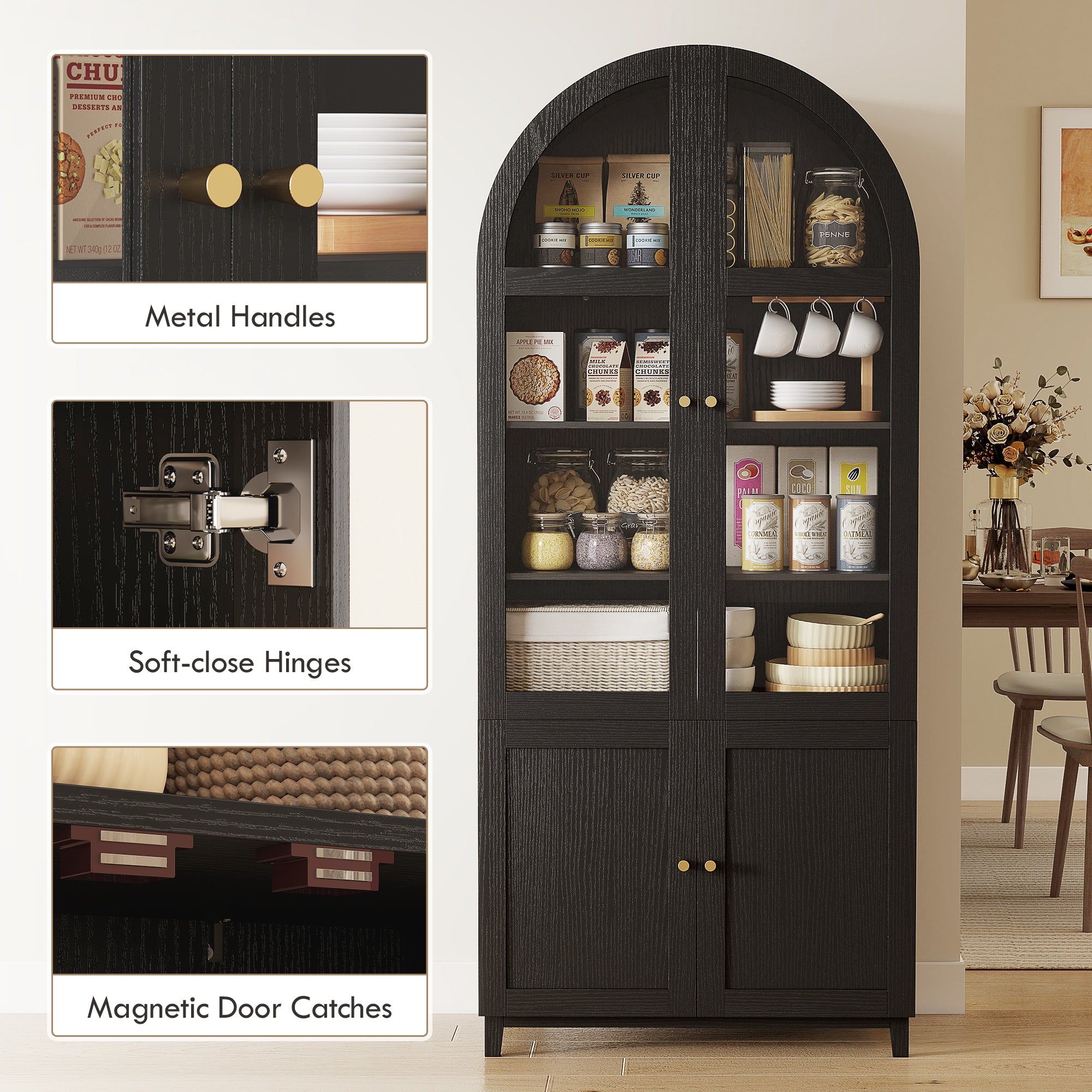 71" Tall Arched Kitchen Pantry Cabinet, Farmhouse Freestanding Kitchen Storage Cabinet with Adjustable Shelves, Acrylic Doors for Living Room, Dining Room, Black - HOMCOM