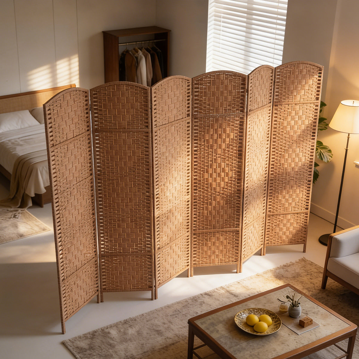 6 Panels Folding Room Divider, 6 ft Tall Portable Privacy Screen with Handwoven Design, Natural
