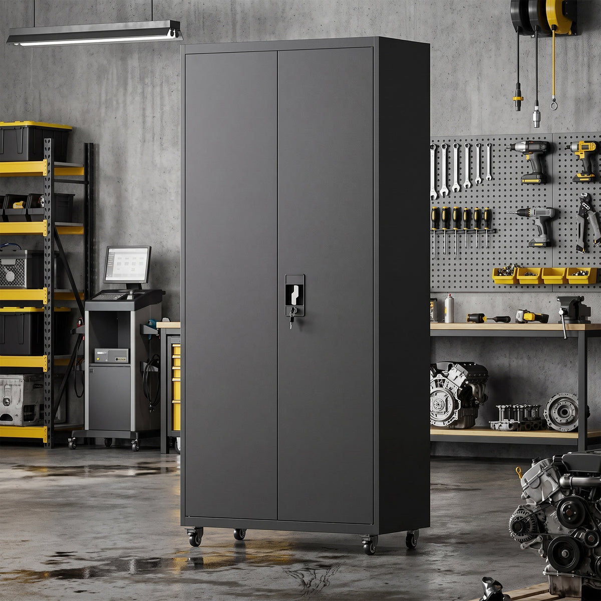 Metal Storage Cabinet, 71" Tall Lockable Steel Tool Cabinet with Removable Wheels, Rolling or Floor Standing Garage Storage Organizer with Adjustable Shelves for Workshop Home Office