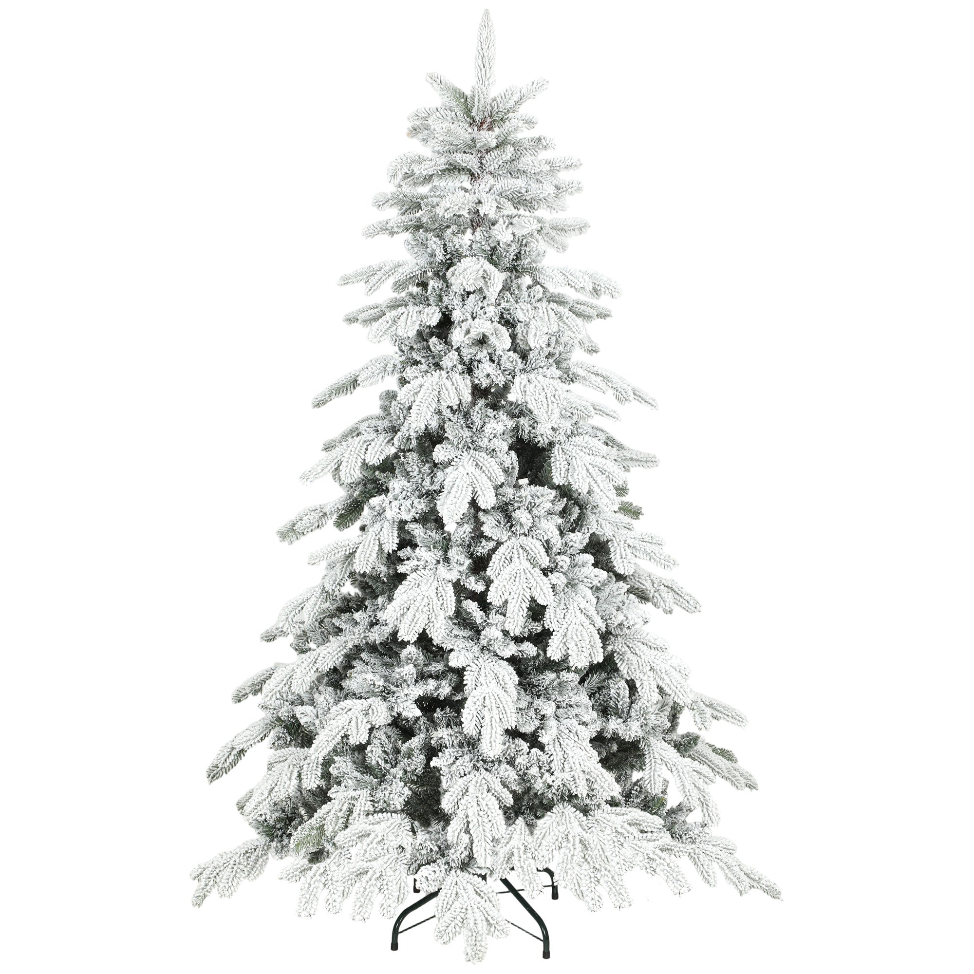 6ft Artificial Christmas Tree, Snow Flocked Christmas Tree with Realistic Dense Branches, Hinged Design, Metal Stand, Wide Shape, Easy Assembly, Xmas Home Decoration, Green White