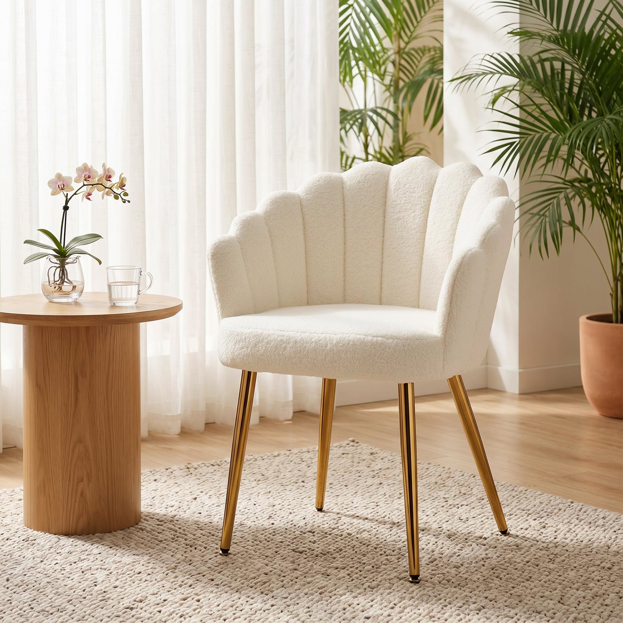 Petal-Back Accent Chair, Faux Lamb Wool Upholstered Armchair, Living Room Chair with Metal Legs, Adjustable Foot Pads, Cream