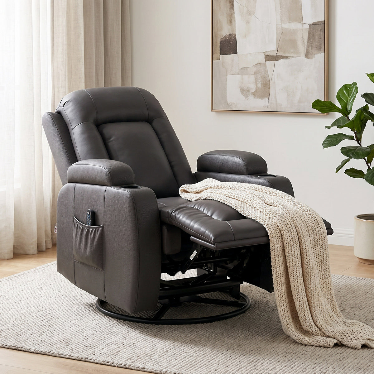 Recliner Armchair with Massage & Heat, Swivel Rocking Recliner Chair with Extended Footrest, Cup Holders and Side Pockets, PU Leather Manual Reclining Chair for Living Room, Dark Brown