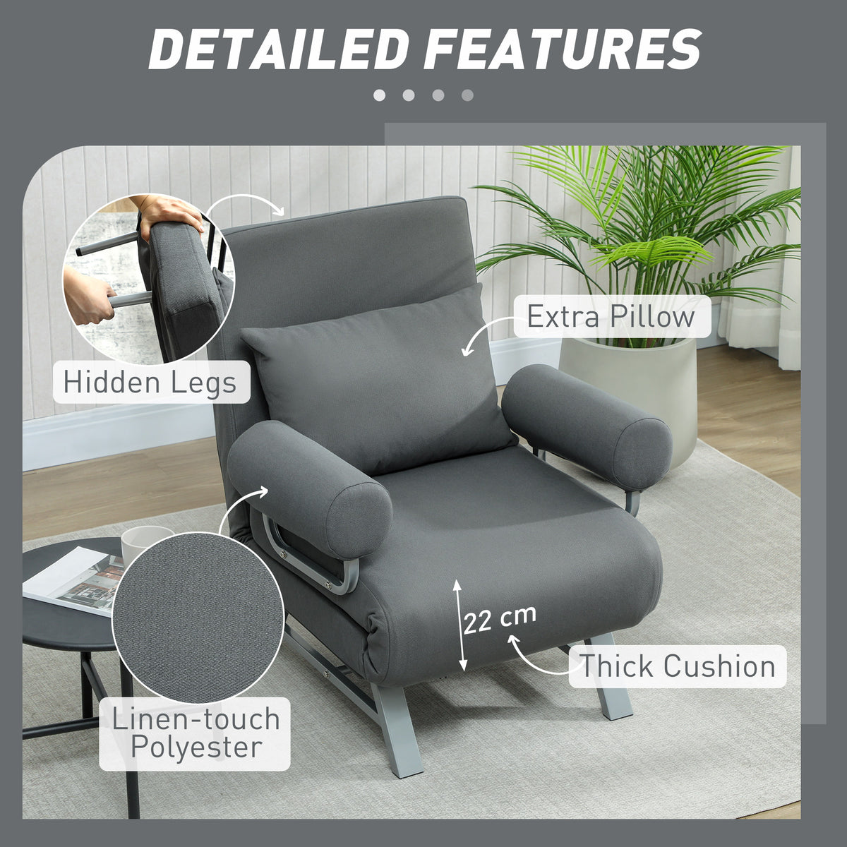 Single Sofa Bed, 3-in-1 Convertible Folding Chair Bed with Adjustable Backrest, Removable Armrests, Steel Legs, Linen Sleeper Chair for Living Room, Bedroom, Small Space, Dark Grey