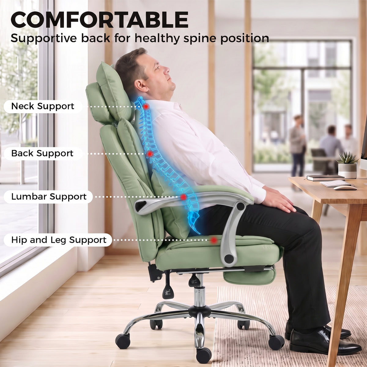 Executive Office Chair, 180kg Big and Tall PU Leather Desk Chair with Adjustable Headrest, Lumbar Support, Wide Seat, Reclining Back, Footrest, Swivel Wheels, Light Green