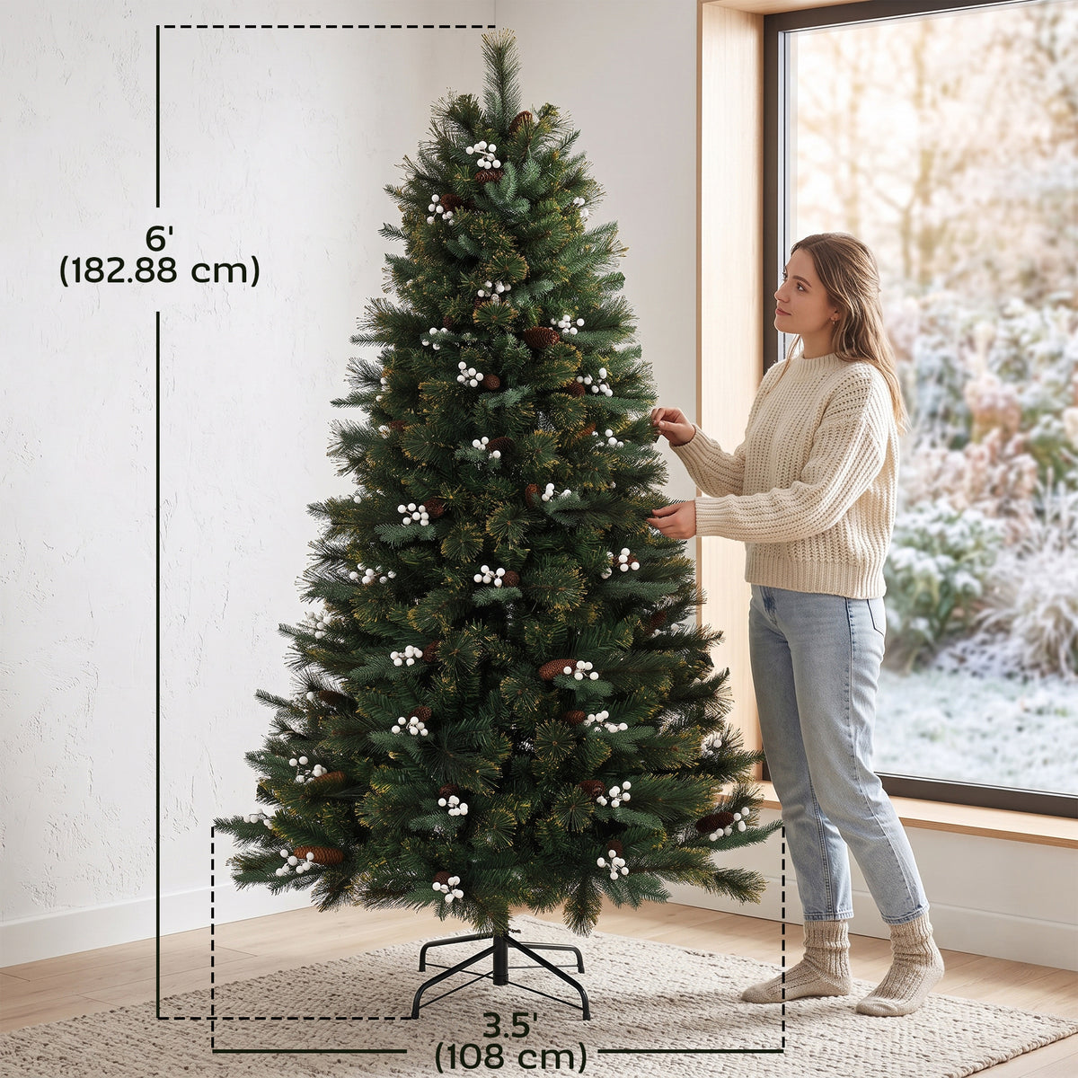 6ft Christmas Tree with 716 Branch Tips, Easy-Assembly Hinged Design, Artificial Full Fir Xmas Tree with Foldable Metal Stand for Home Office Holiday, Green