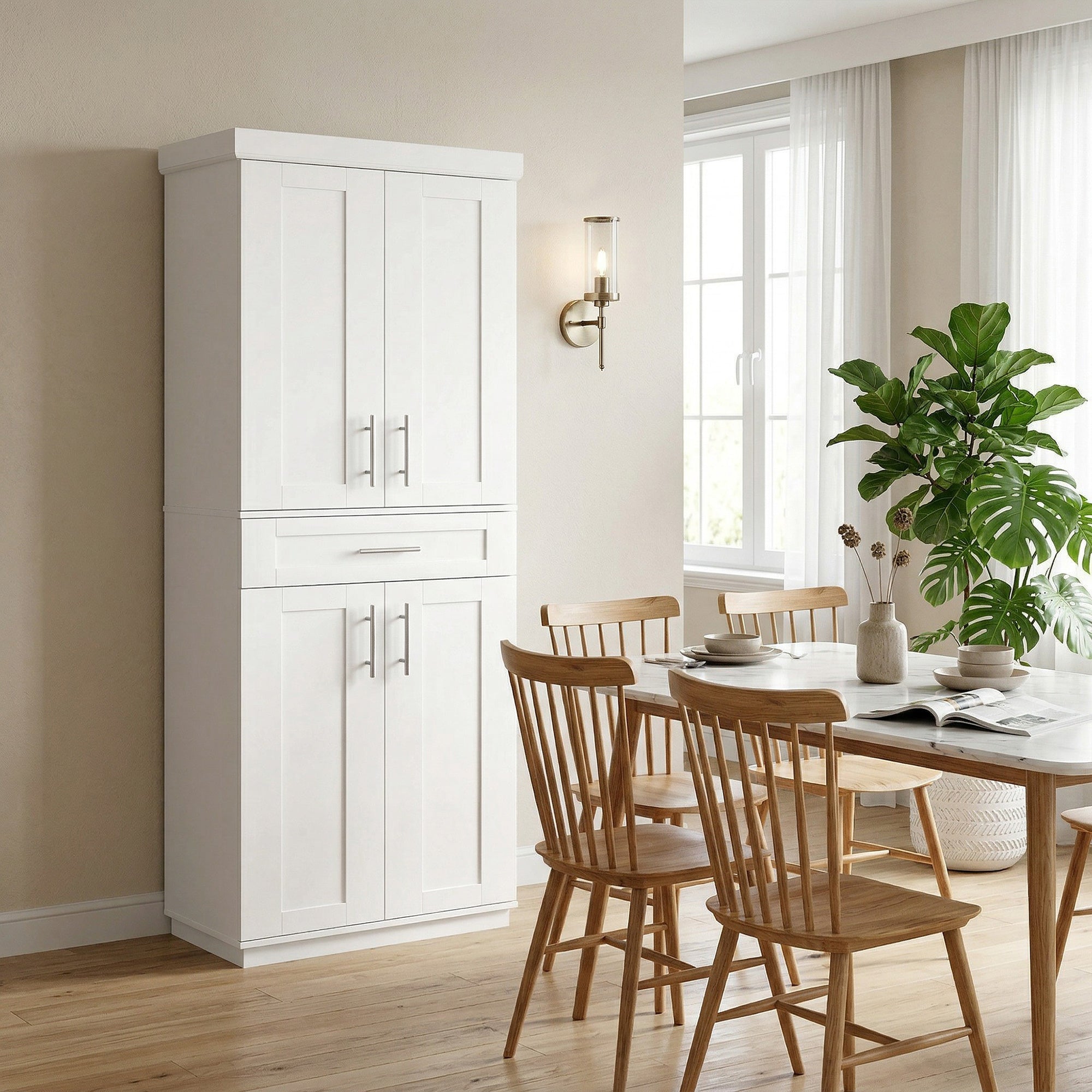 72" Kitchen Pantry Cabinet, Freestanding Tall Storage Cabinet with 4 Doors, Drawer and 3 Adjustable Shelves for Dining Room, White