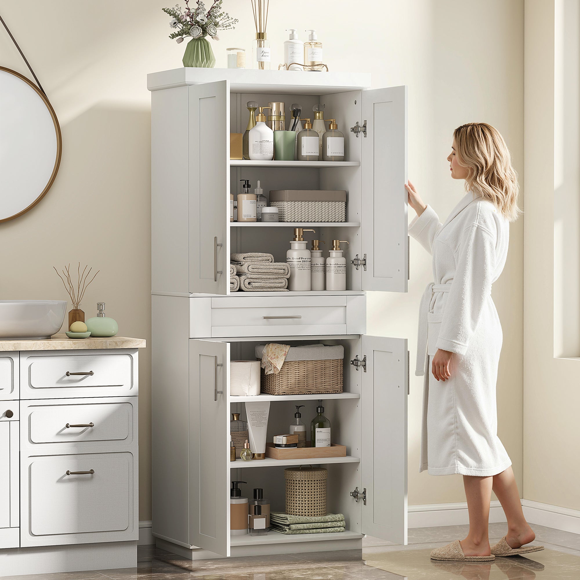 72" Kitchen Pantry Cabinet, Freestanding Tall Storage Cabinet with 4 Doors, Drawer and 3 Adjustable Shelves for Dining Room, White
