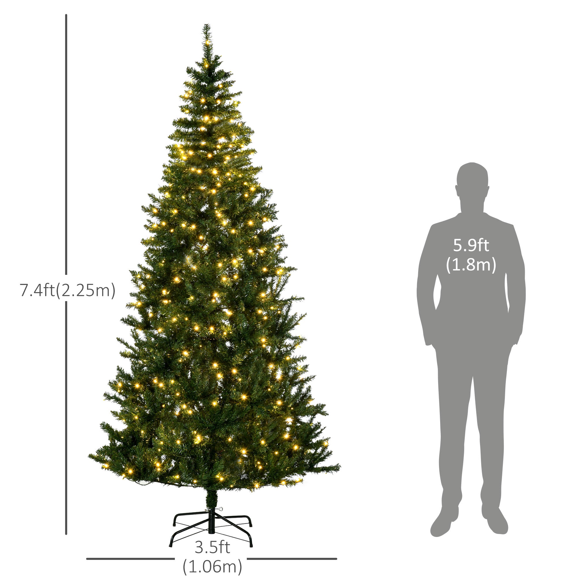 HOMCOM 7.5 Feet Prelit Artificial Christmas Tree with 450 Warm White LED Light, 1146 Branches Tips, 8 Modes, Holiday Home Xmas Decoration, Green