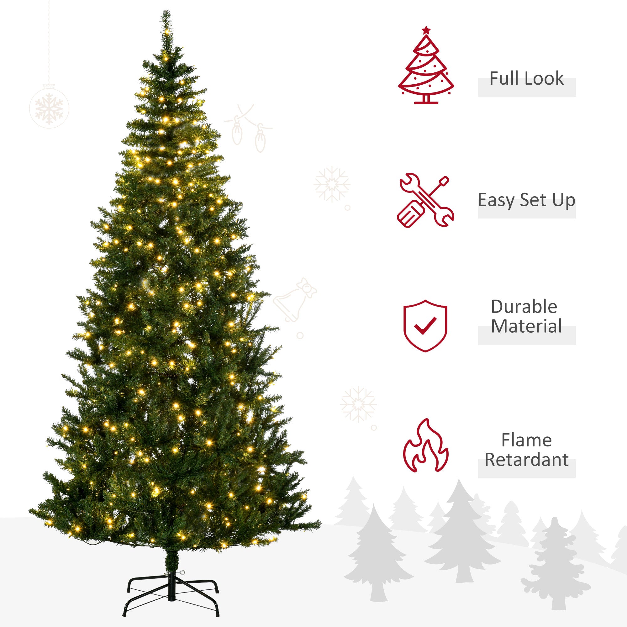 HOMCOM 7.5 Feet Prelit Artificial Christmas Tree with 450 Warm White LED Light, 1146 Branches Tips, 8 Modes, Holiday Home Xmas Decoration, Green