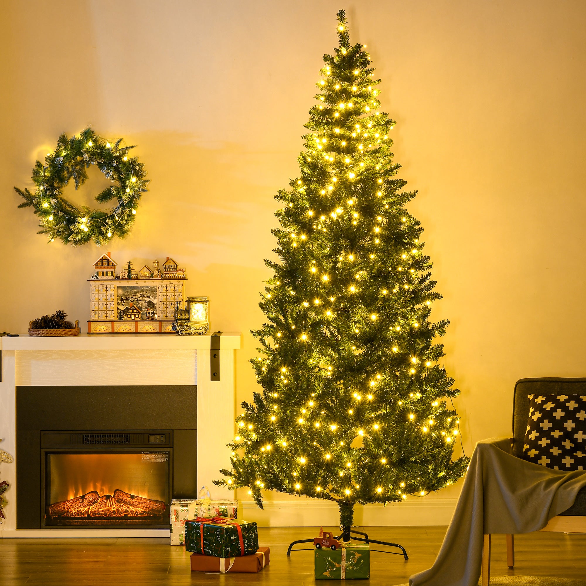 HOMCOM 7.5 Feet Prelit Artificial Christmas Tree with 450 Warm White LED Light, 1146 Branches Tips, 8 Modes, Holiday Home Xmas Decoration, Green