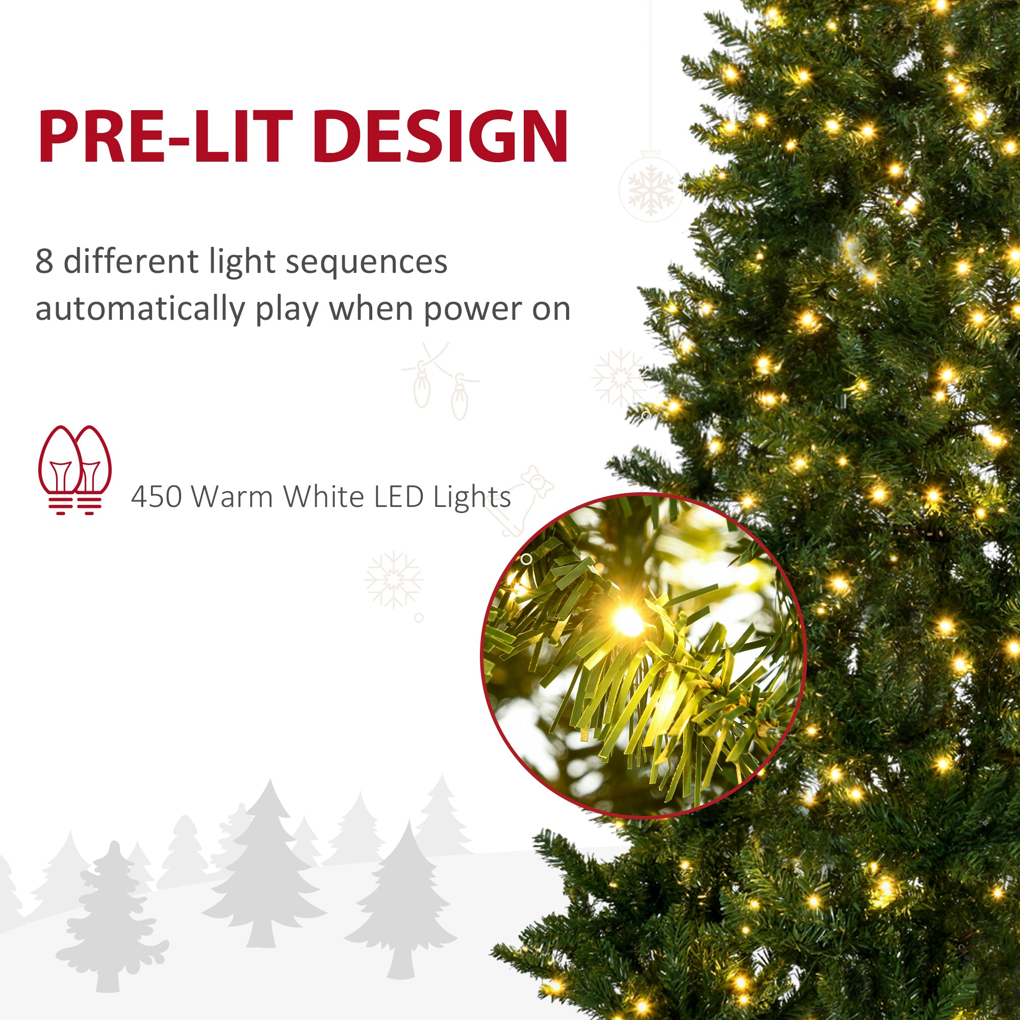 HOMCOM 7.5 Feet Prelit Artificial Christmas Tree with 450 Warm White LED Light, 1146 Branches Tips, 8 Modes, Holiday Home Xmas Decoration, Green