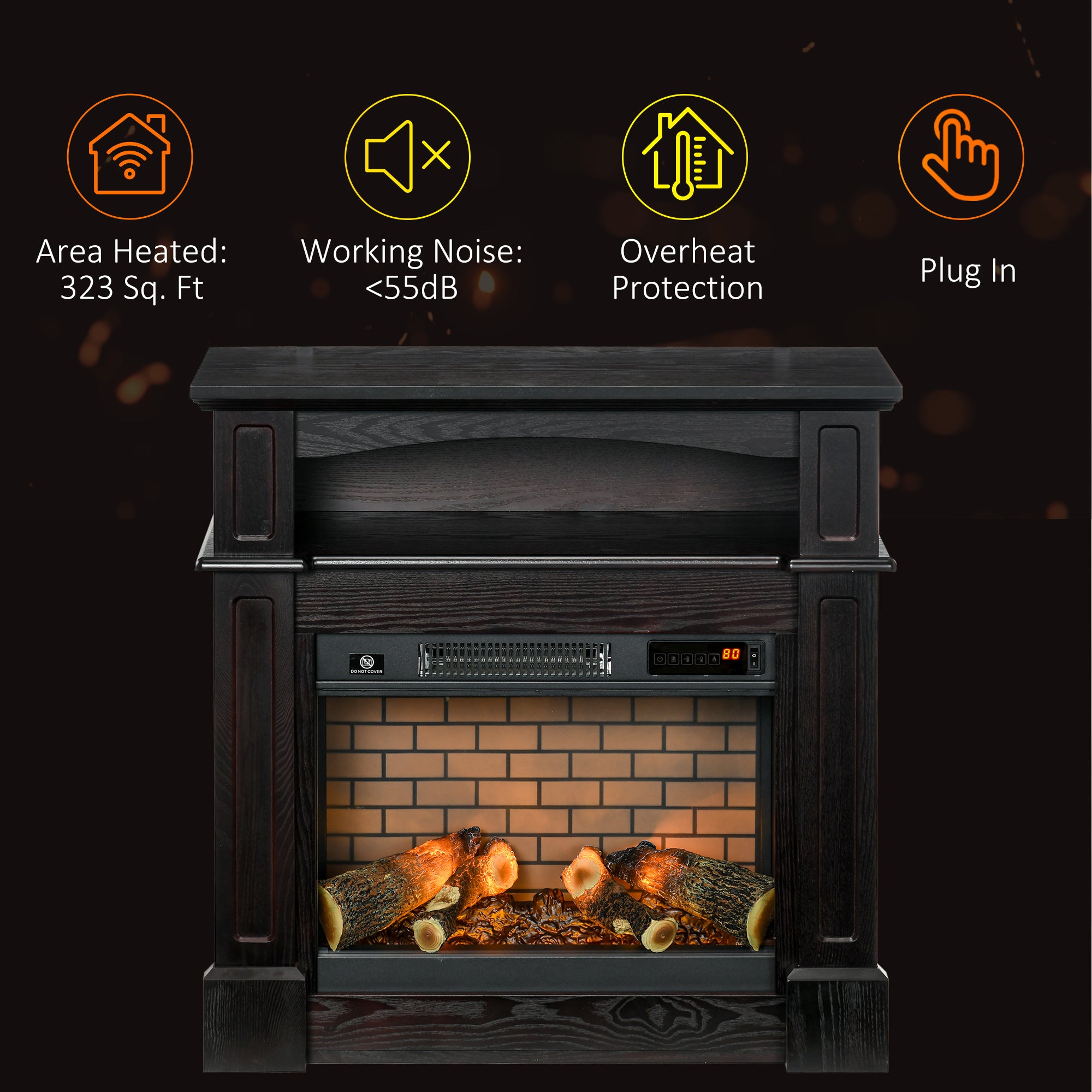 32" Electric Fireplace with Mantel, Freestanding Heater with LED Log Flame, Shelf and Remote Control, 1400W, Brown