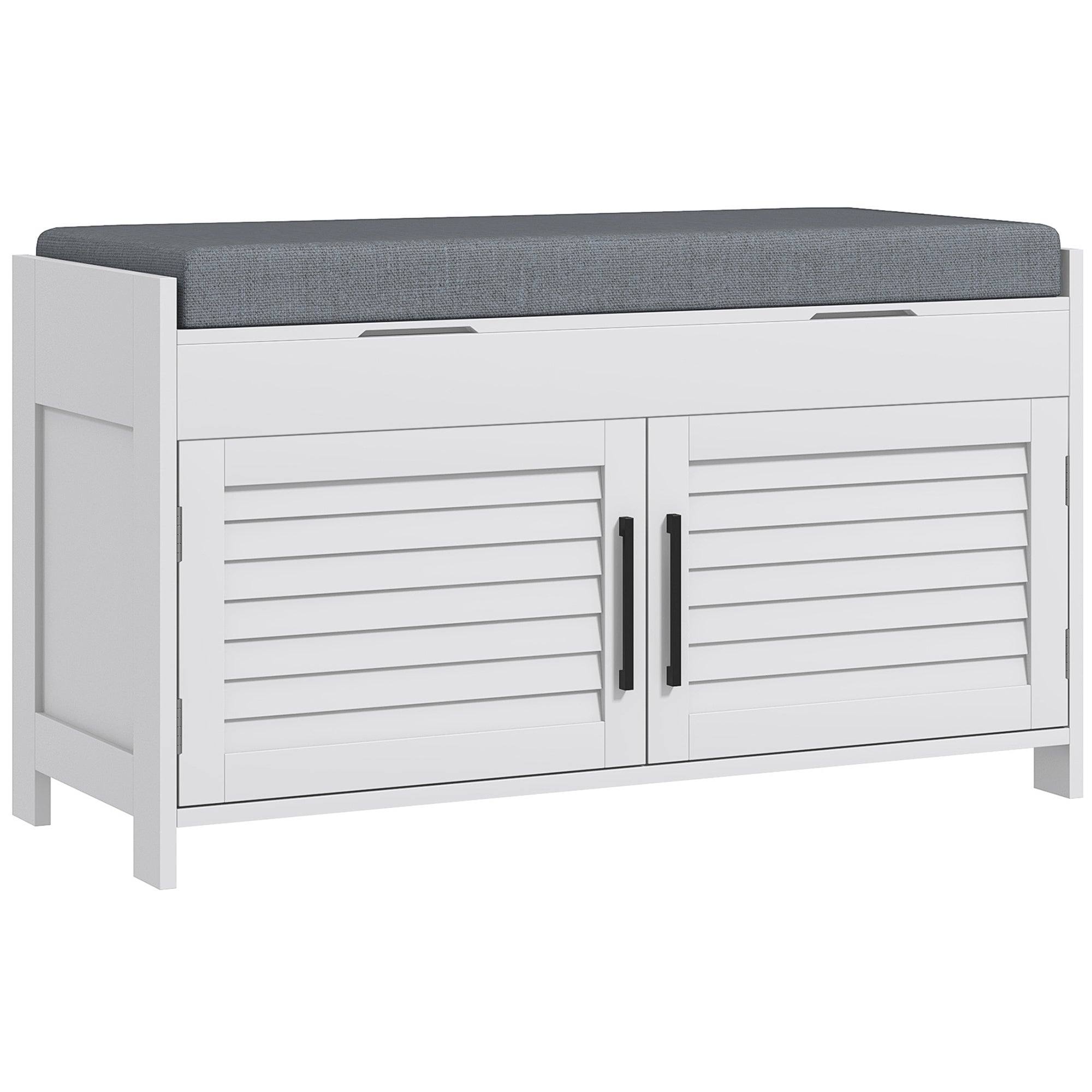 Shoe Storage Bench, Modern Entryway Bench with Cushion, Hidden Compartments, Adjustable Shelves, Shutter Doors, White