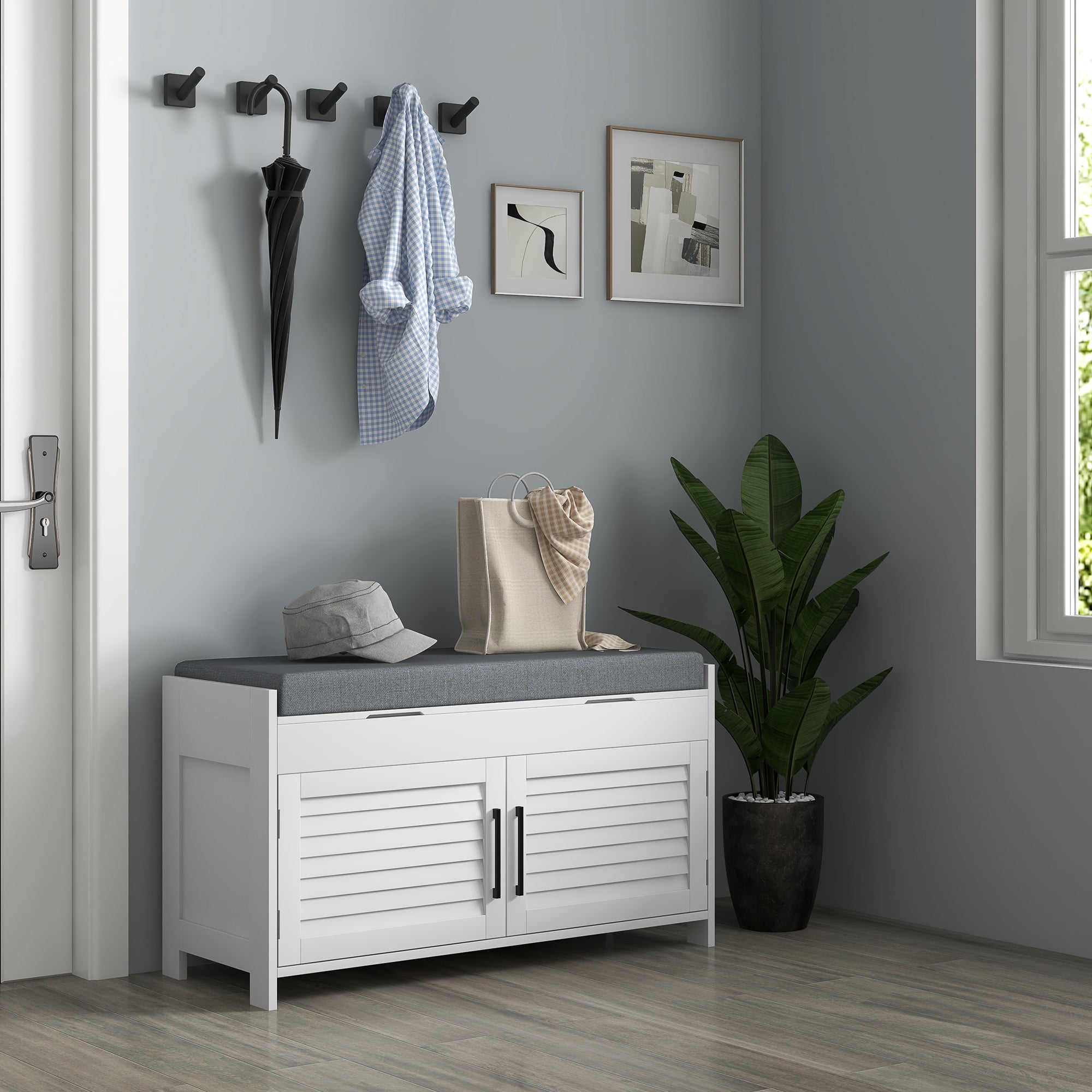 Shoe Storage Bench, Modern Entryway Bench with Cushion, Hidden Compartments, Adjustable Shelves, Shutter Doors, White