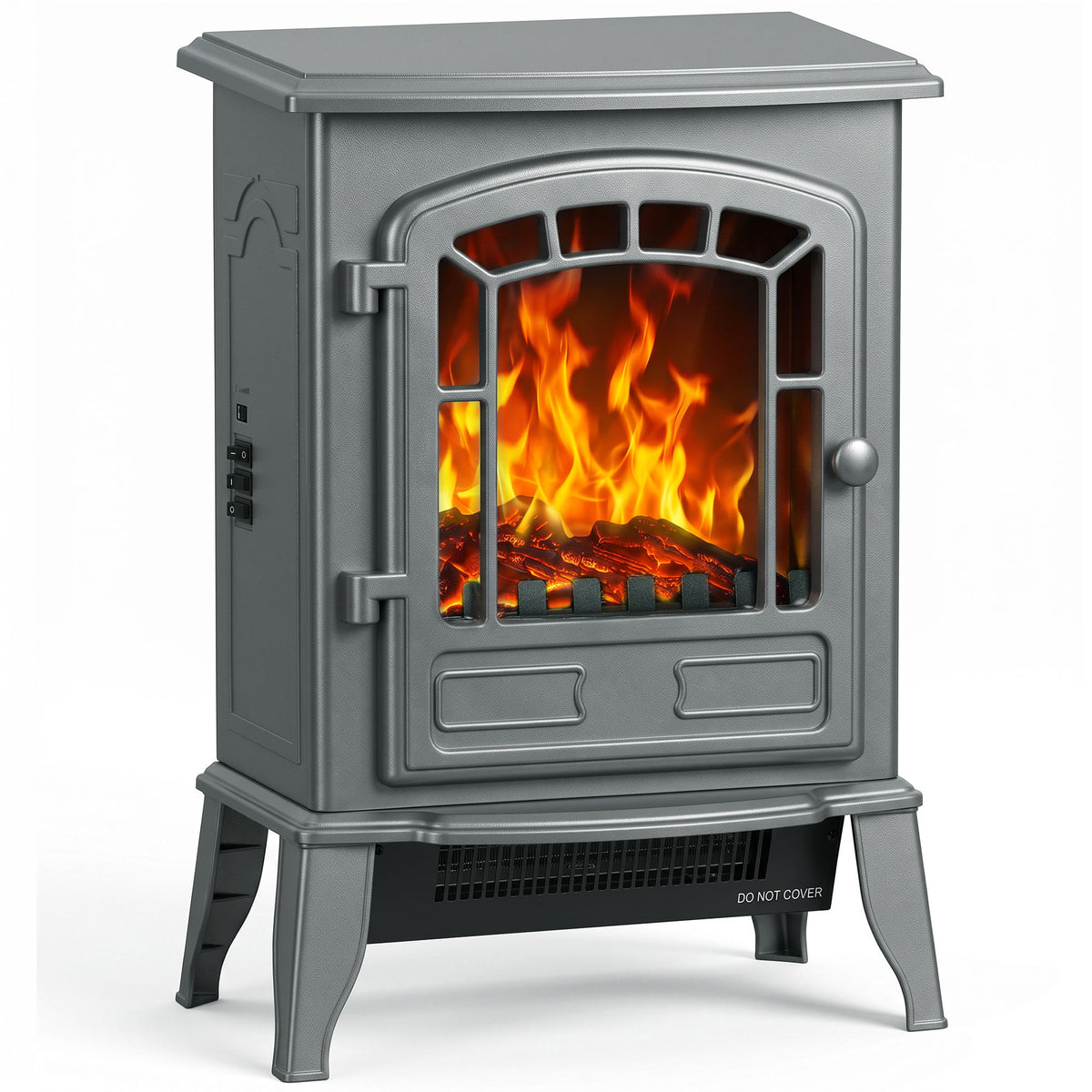 Electric Fireplace Stove Freestanding Log Burner, 1000W/2000W, Portable Electric Fire Fan Heater with LED Flame Effect, Adjustable Thermostat, Overheat Protection, Grey