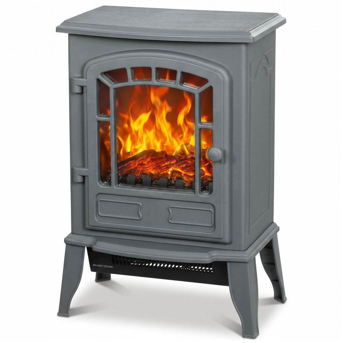 Electric Fireplace Stove Freestanding Log Burner, 1000W/2000W, Portable Electric Fire Fan Heater with LED Flame Effect, Adjustable Thermostat, Overheat Protection, Grey