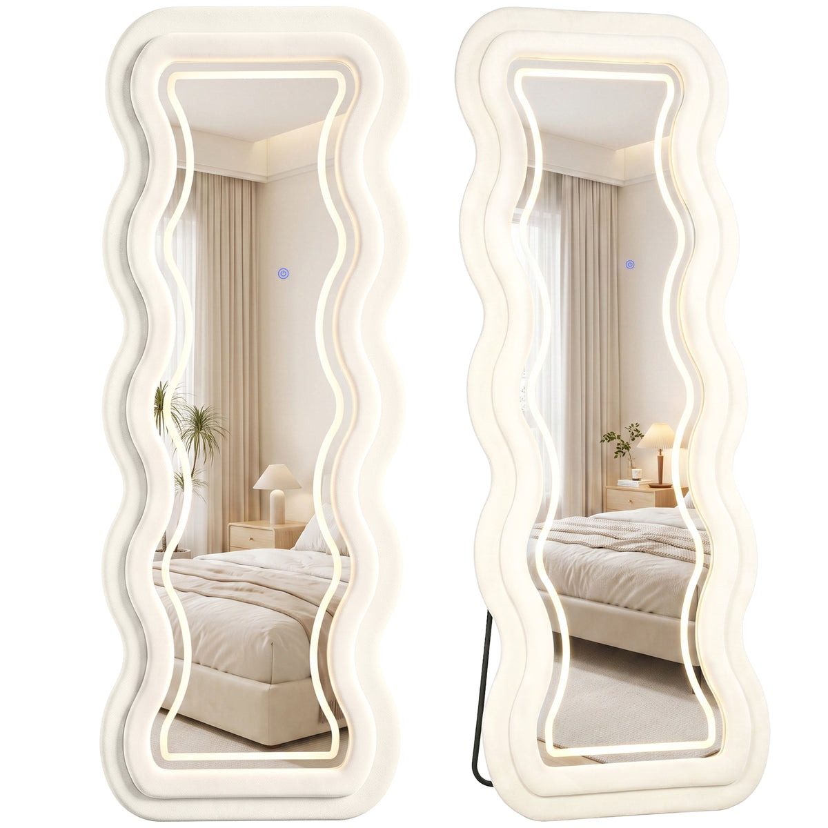 Full Length Mirror, 160 x 60 cm Arched Large Full Body Standing Mirror with Velvet Frame, HD Tempered Glass, Floor Standing, Wall Hanging or Leaning for Bedroom,  Living Room, Cream White