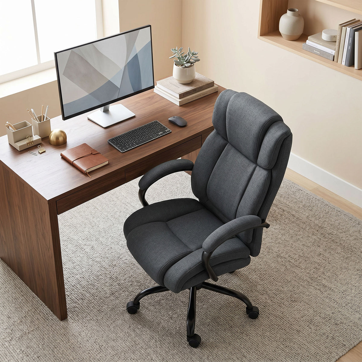 Executive Office Chair with Spring Padding, Linen Computer Desk Chair with Swivel Wheels, High Back, Height Adjustable, Charcoal Grey