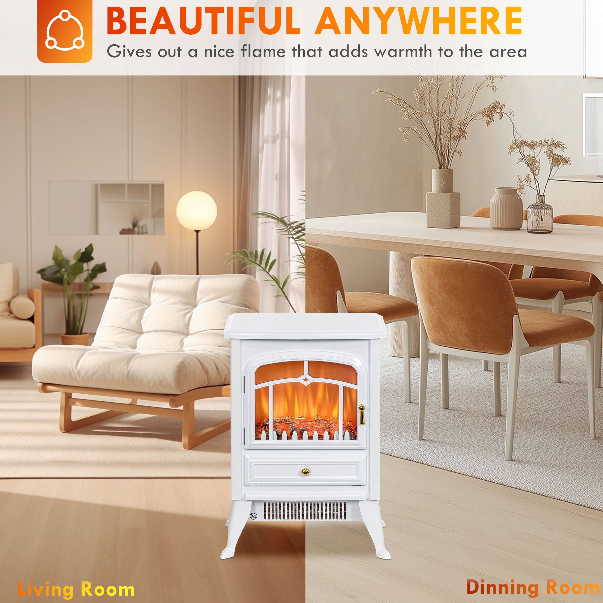 Electric Fireplace Stove Heater with Realistic LED Flames and Logs 750W/1500W 15" x 10.25" x 20.5" White