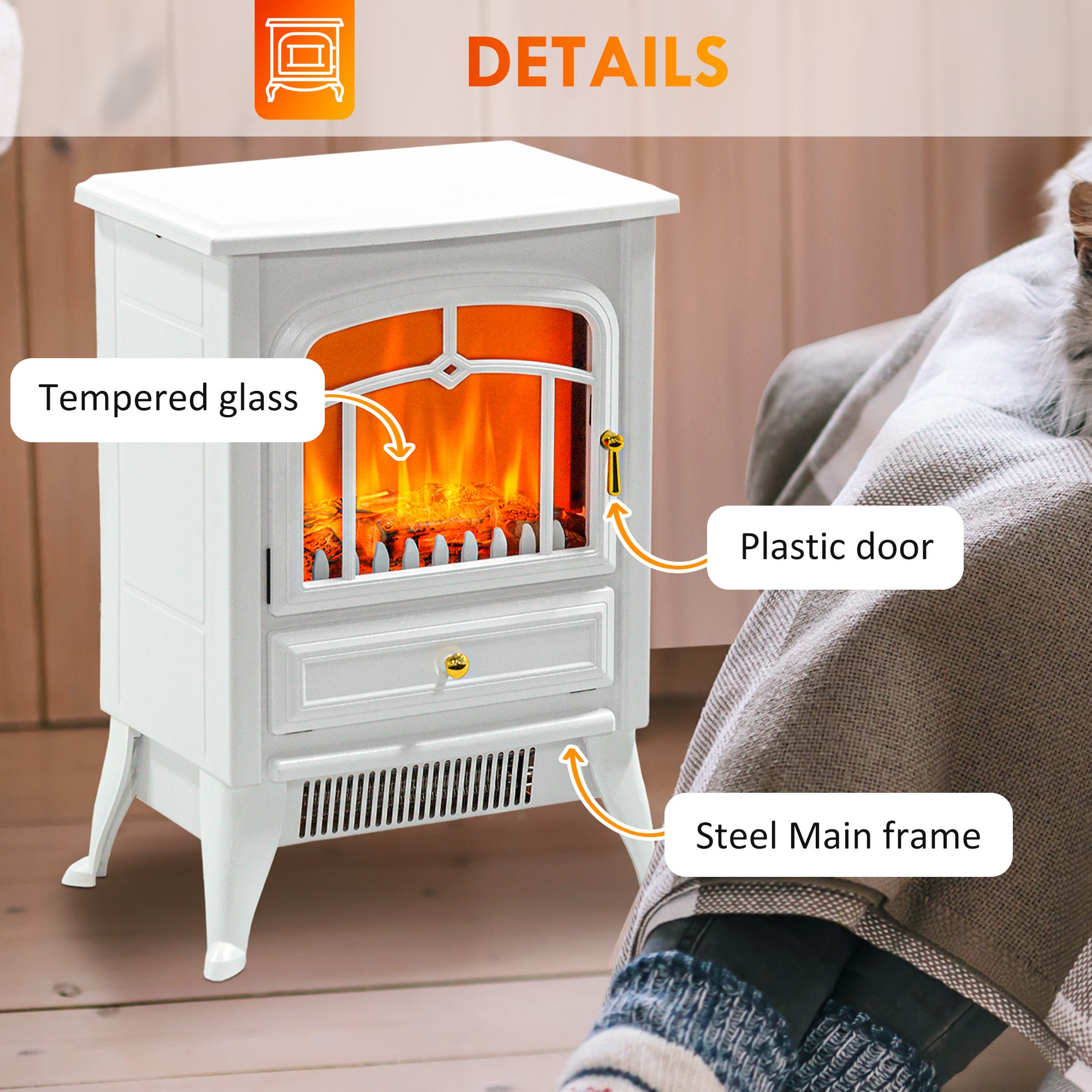 Electric Fireplace Stove Heater with Realistic LED Flames and Logs 750W/1500W 15" x 10.25" x 20.5" White