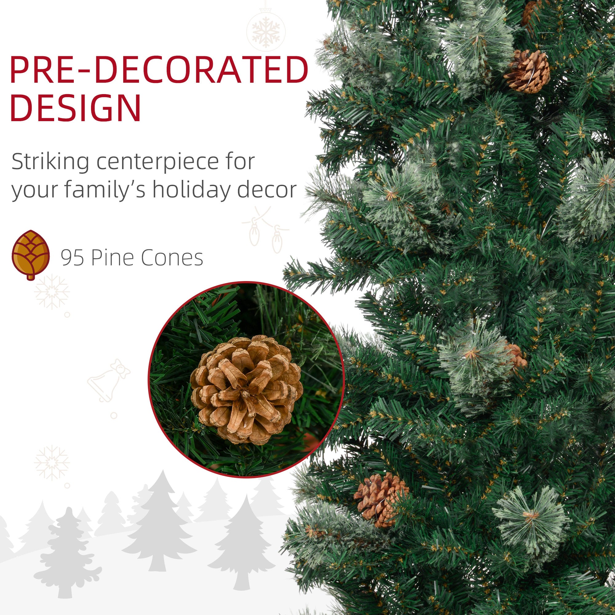 9.5ft Pencil Christmas Tree, Slim Xmas Tree with Realistic Branches, Pine Cones and Metal Base, Green