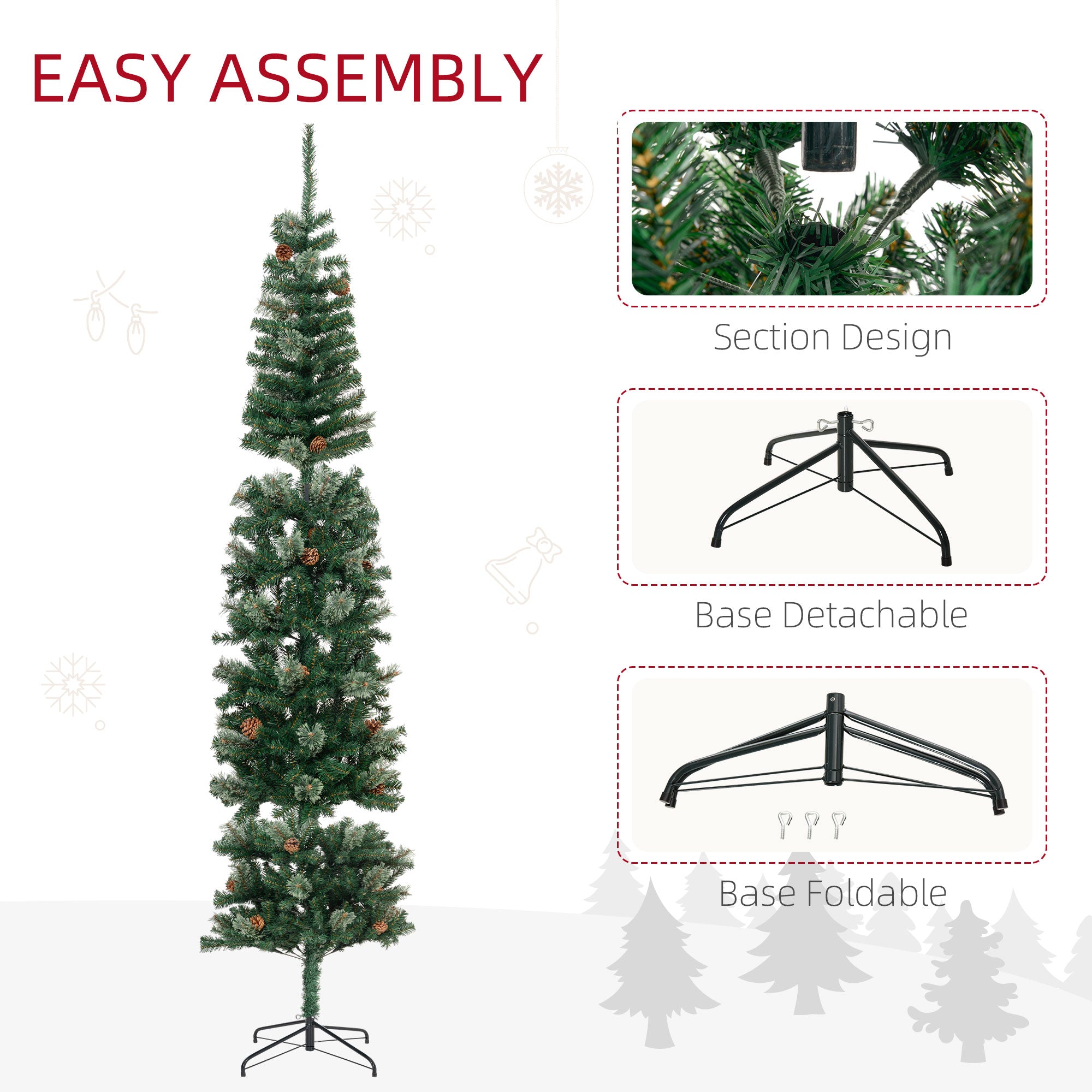 9.5ft Pencil Christmas Tree, Slim Xmas Tree with Realistic Branches, Pine Cones and Metal Base, Green