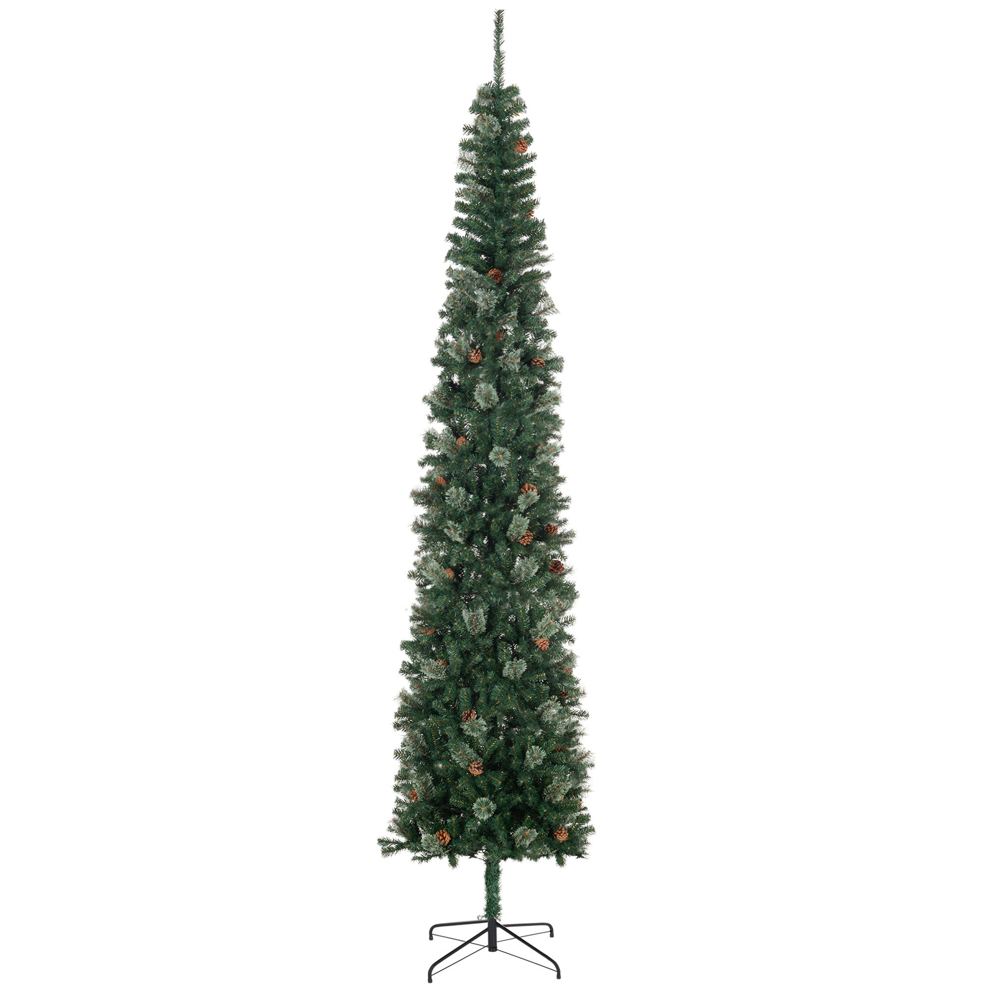 9.5ft Pencil Christmas Tree, Slim Xmas Tree with Realistic Branches, Pine Cones and Metal Base, Green