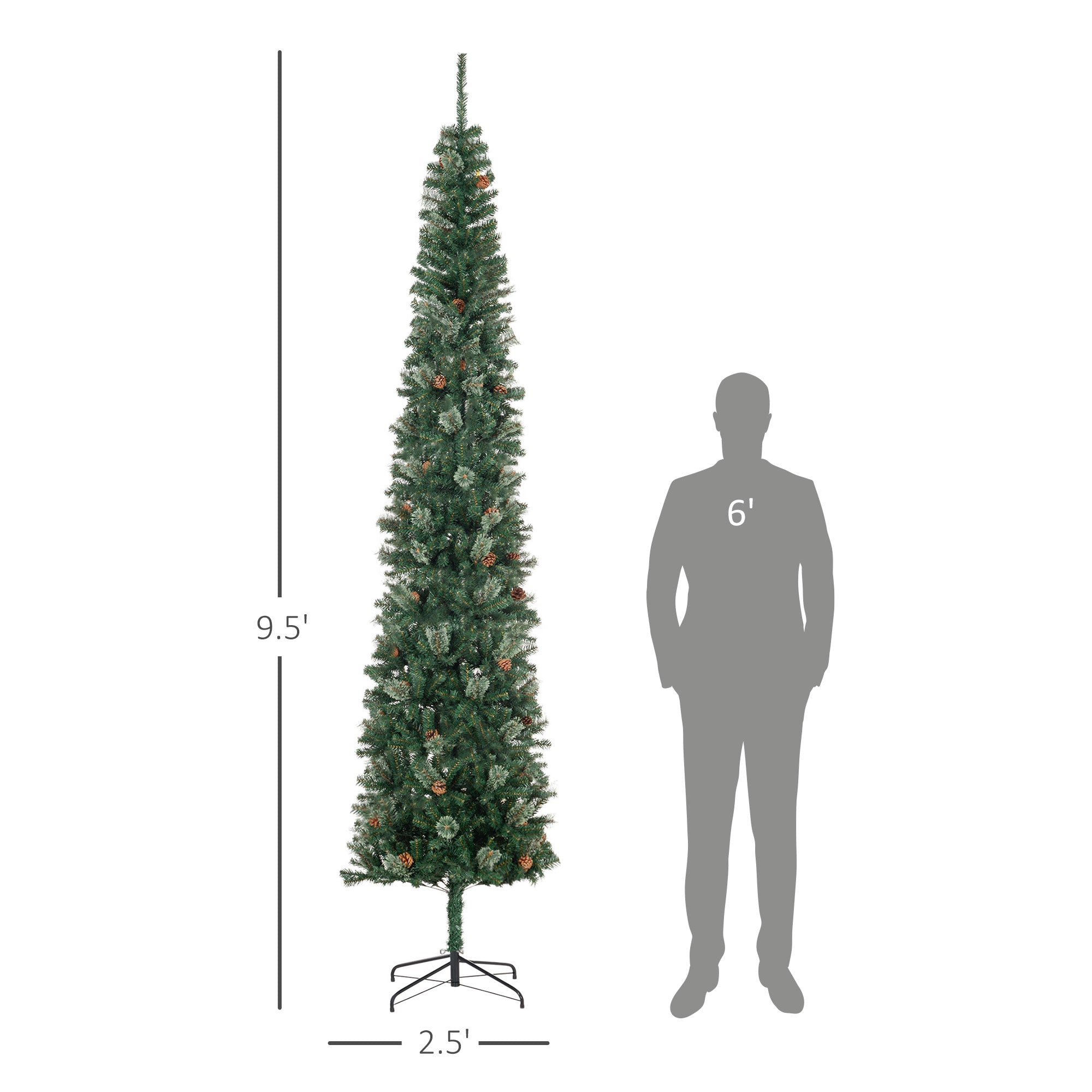 9.5ft Pencil Christmas Tree, Slim Xmas Tree with Realistic Branches, Pine Cones and Metal Base, Green