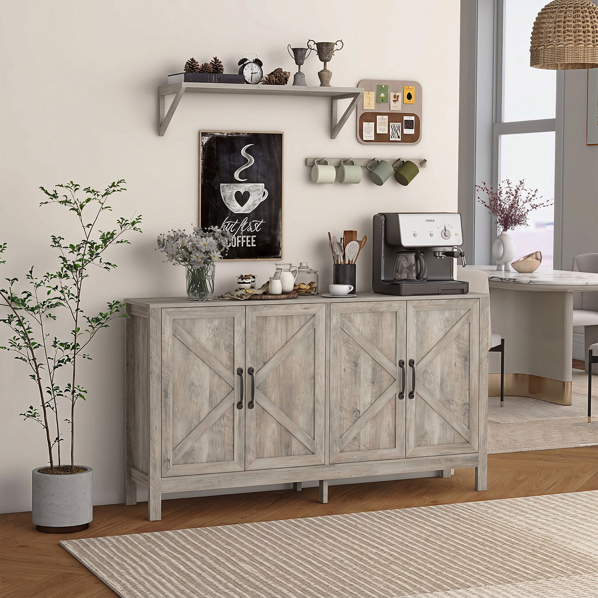 Farmhouse Kitchen Storage Cabinet, Sideboard Buffet Cabinet with 4 Barn Doors and Adjustable Shelves, Light Distressed Grey