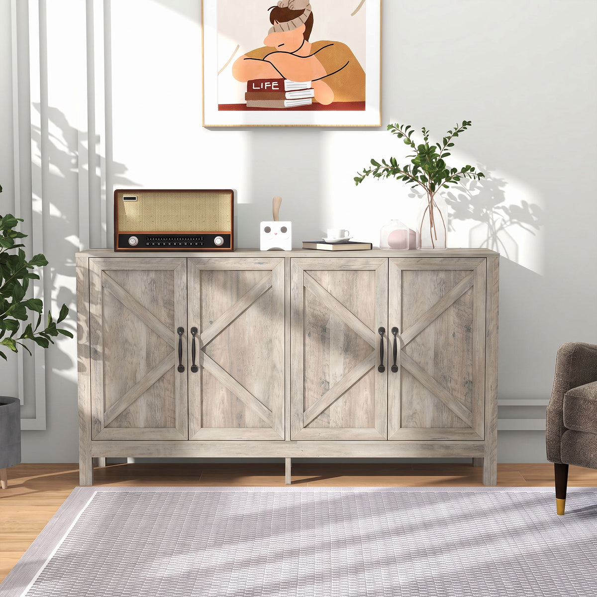 Farmhouse Kitchen Storage Cabinet, Sideboard Buffet Cabinet with 4 Barn Doors and Adjustable Shelves, Light Distressed Grey