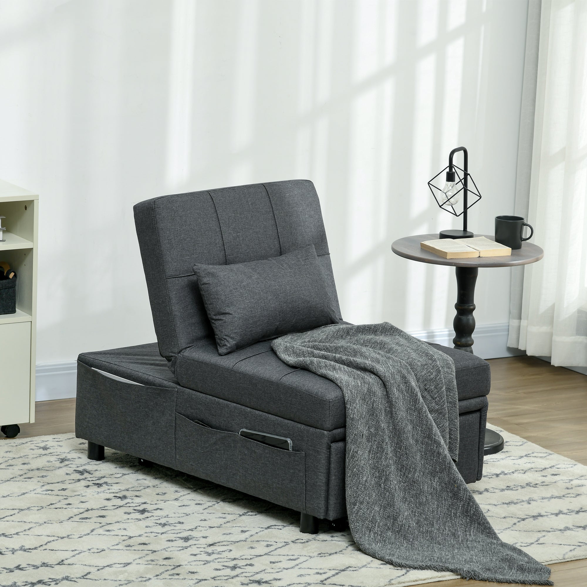 HOMCOM Convertible Chair Bed with Padding Seat, 4-in-1 Multi-Functional Sleeper Sofa Bed, Recliner with Adjustable Backrest, Side Pocket, Wheels and Pillow, for Living Room, Grey