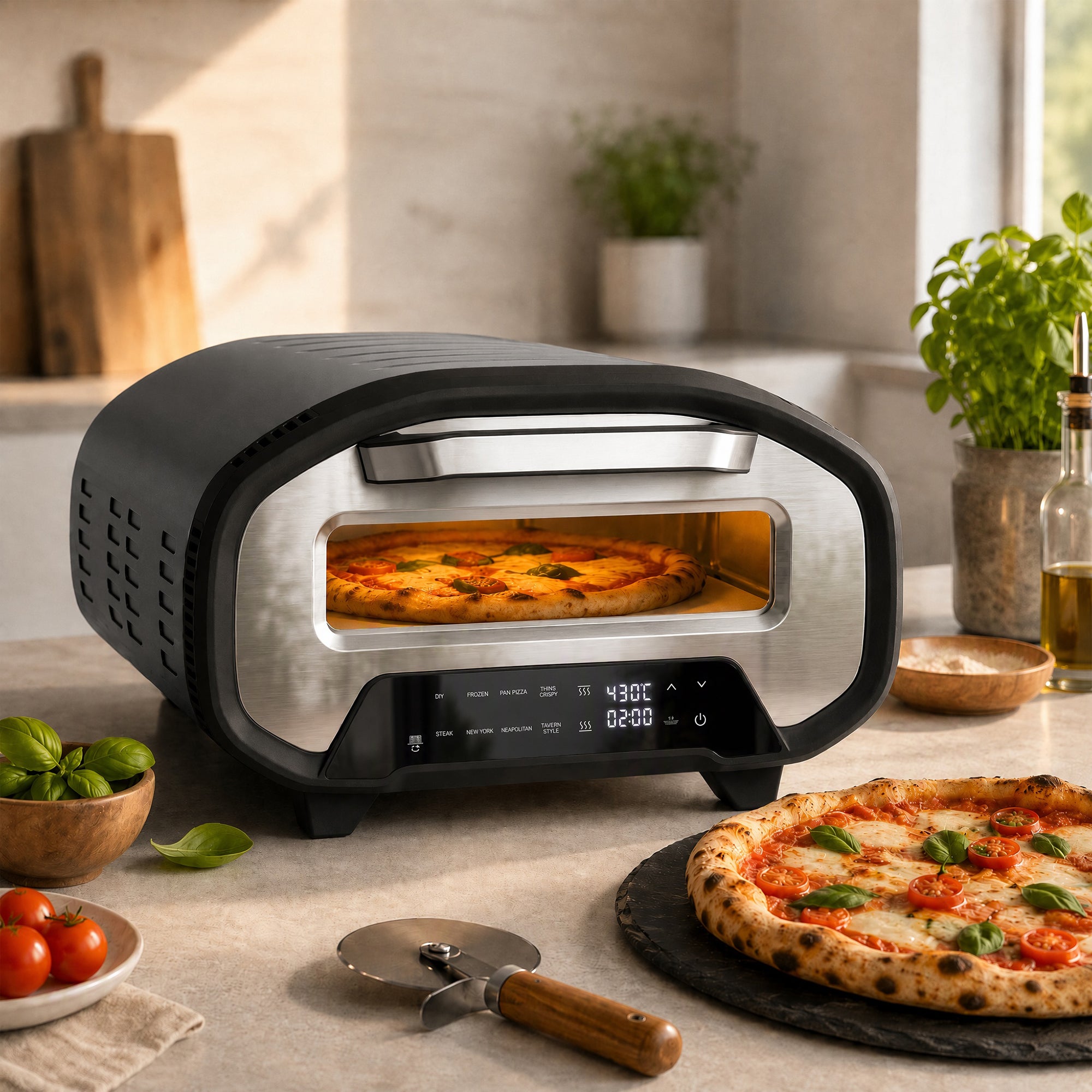 Pizza Oven Indoor, 12 Inch Electric Countertop Pizza Maker with 8 Preset Modes, 430°C, Timer, Ceramic Stone, LCD Touch Control, 2200W