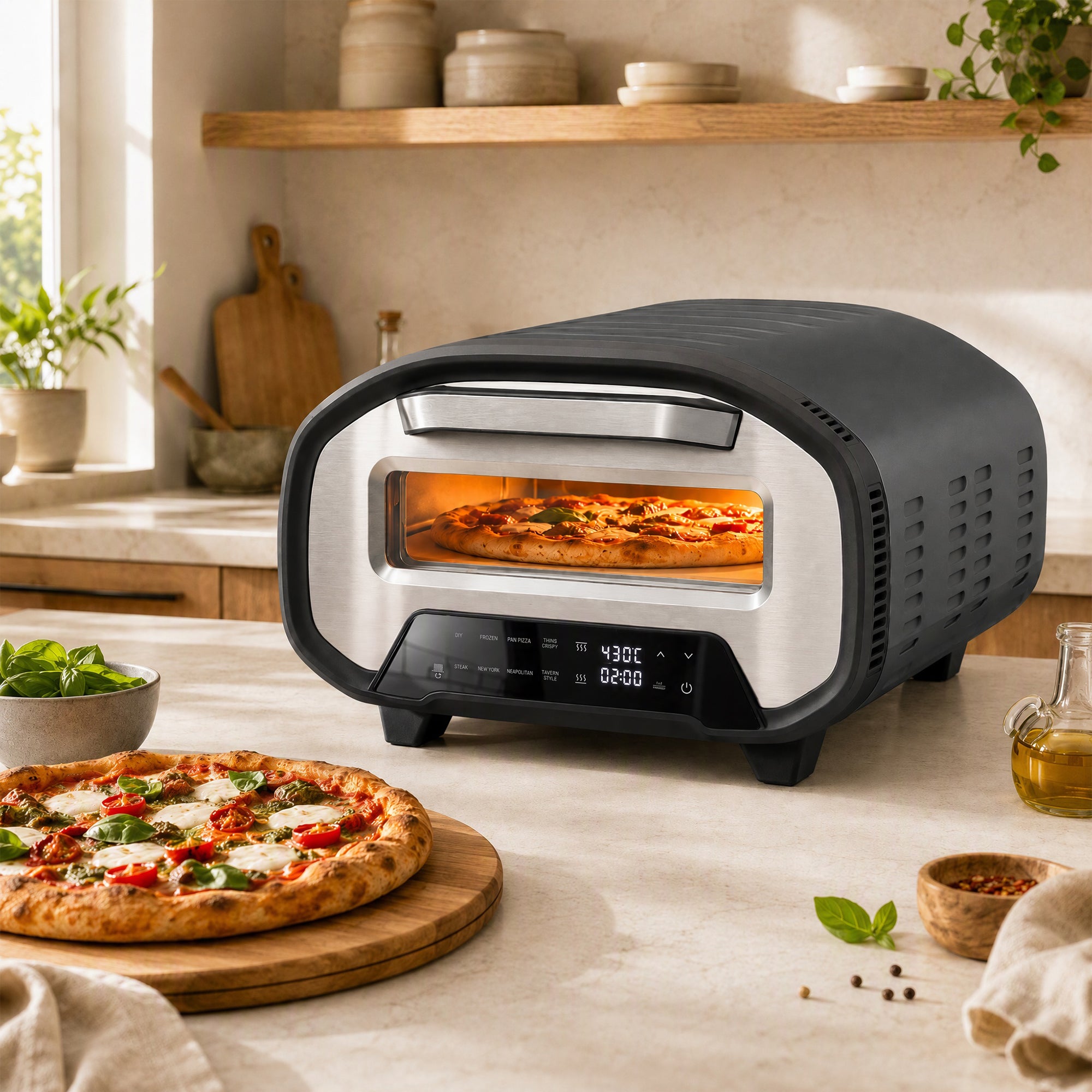 Pizza Oven Indoor, 12 Inch Electric Countertop Pizza Maker with 8 Preset Modes, 430°C, Timer, Ceramic Stone, LCD Touch Control, 2200W