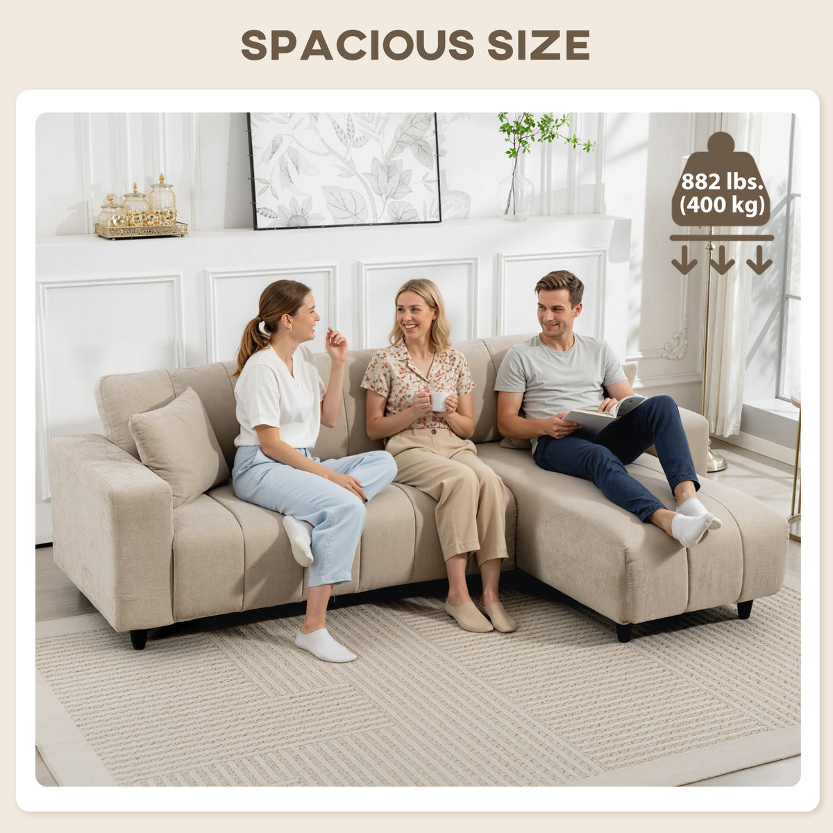 Modular Sectional Sofa with Changeable Chaise, Integrated Seat, 95" Large 3 Seater L-Shaped Sofa with Spring Cushion, 2 Pillows, Steel Frame for Living Room, Beige