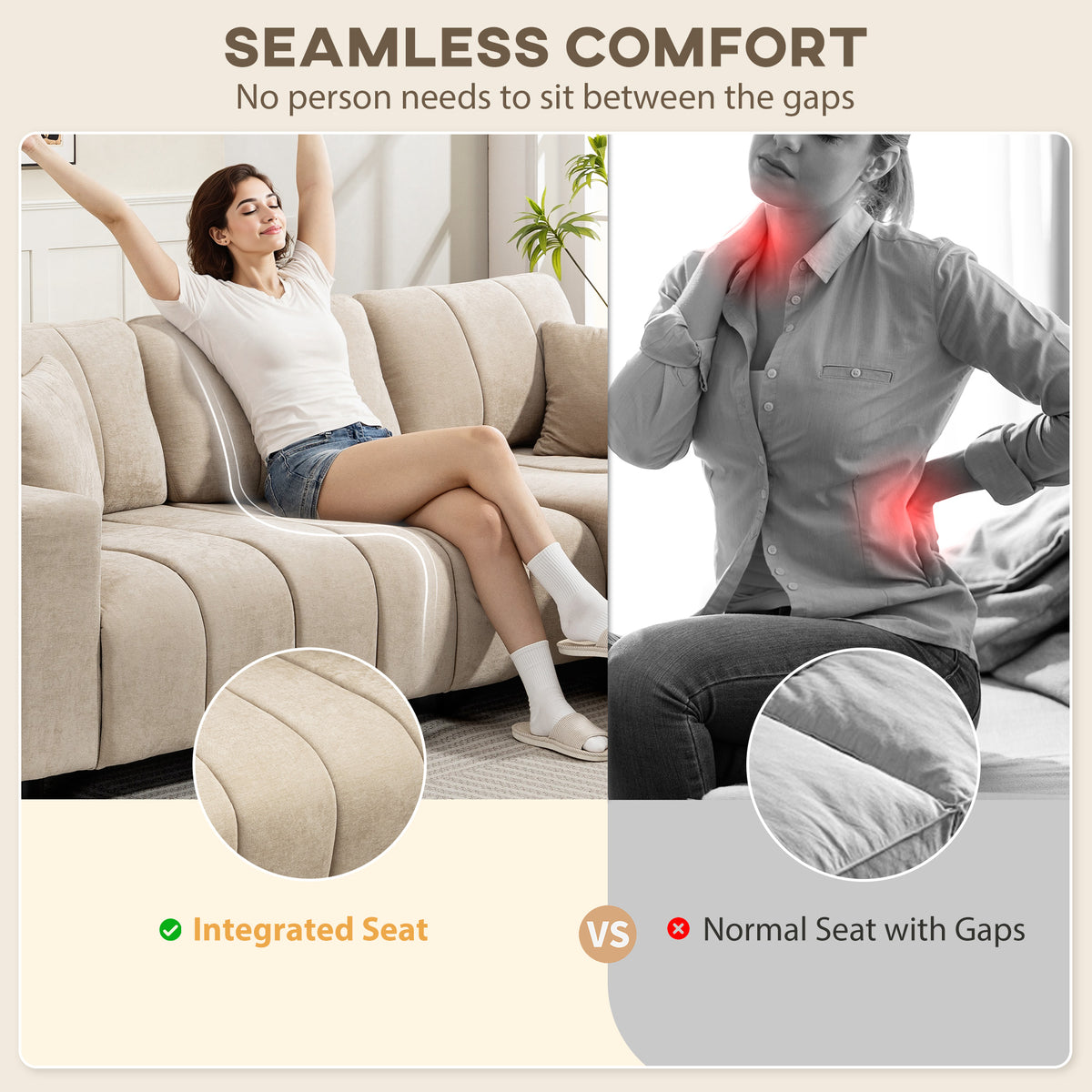 Modular Sectional Sofa with Changeable Chaise, Integrated Seat, 95" Large 3 Seater L-Shaped Sofa with Spring Cushion, 2 Pillows, Steel Frame for Living Room, Beige
