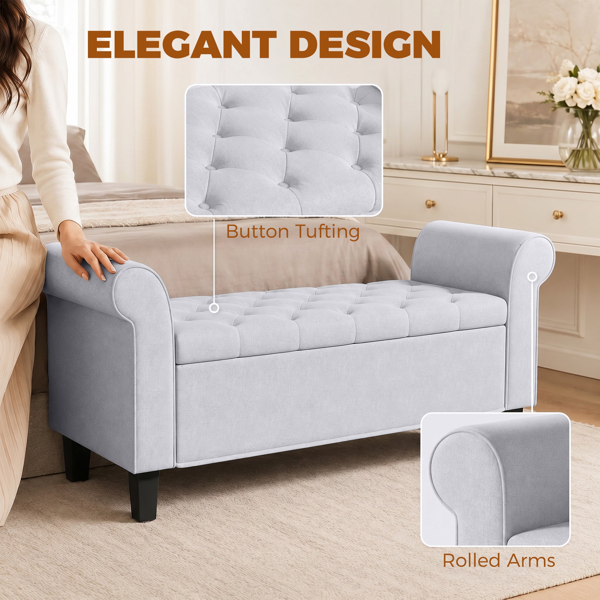 47" Storage Ottoman Bench, Tufted Long Ottoman with Storage Chest, Rolled Arms, Safety Hinge, Wooden Legs, Upholstered End of Bed Bench, 528 lbs for Bedroom, Entryway, Living Room, Light Gray
