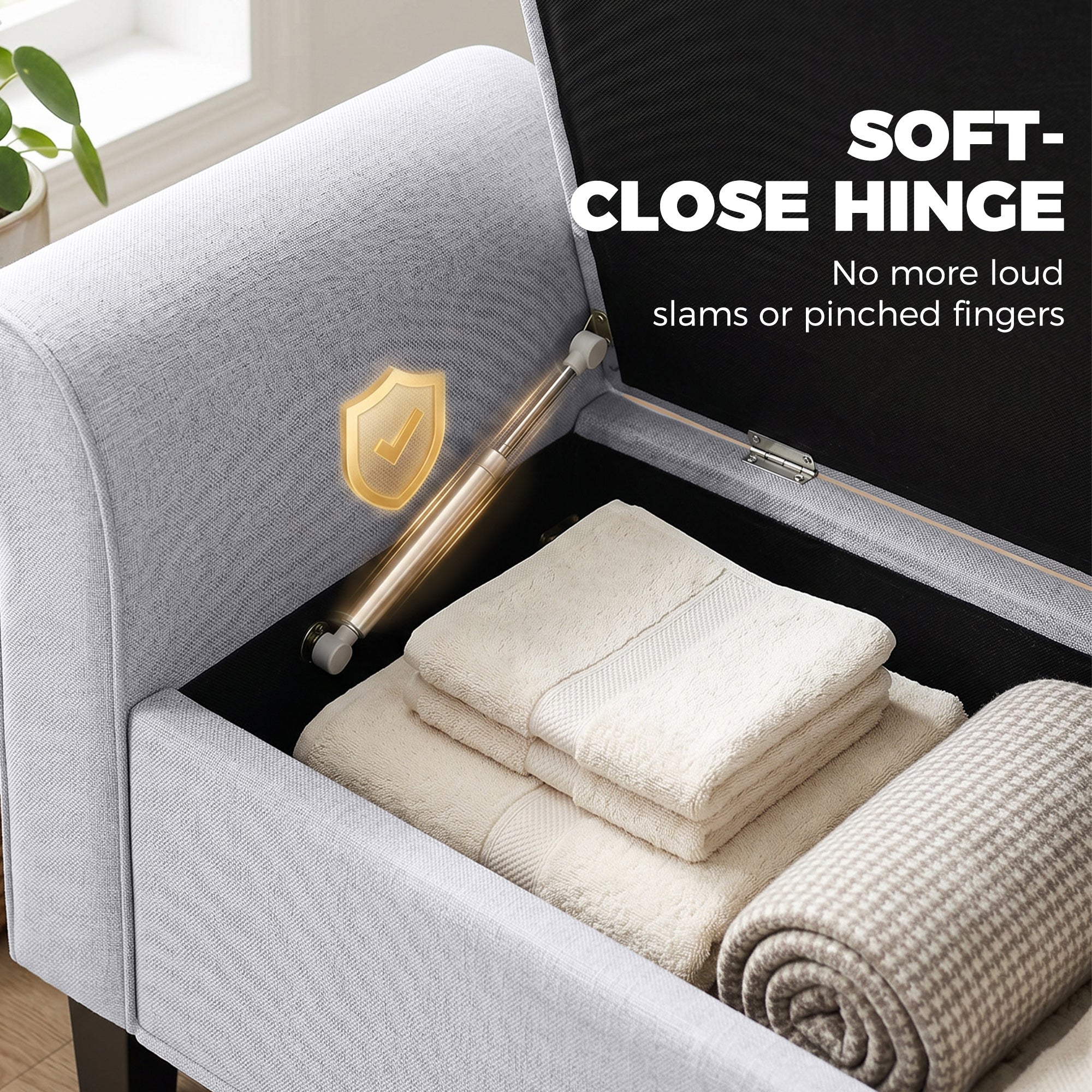 47" Storage Ottoman Bench, Tufted Long Ottoman with Storage Chest, Rolled Arms, Safety Hinge, Wooden Legs, Upholstered End of Bed Bench, 528 lbs for Bedroom, Entryway, Living Room, Light Gray