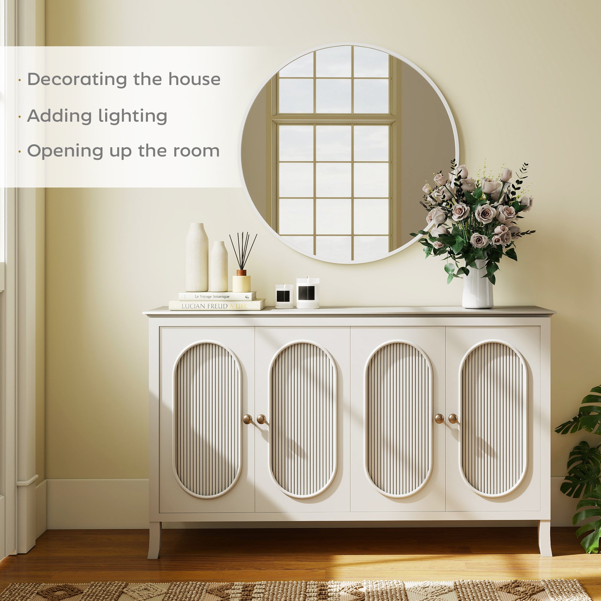 36" Round Wall Mirror, Bathroom Mirror with Metal Frame for Living Room, Bedroom, Entryway, Home Decor, White