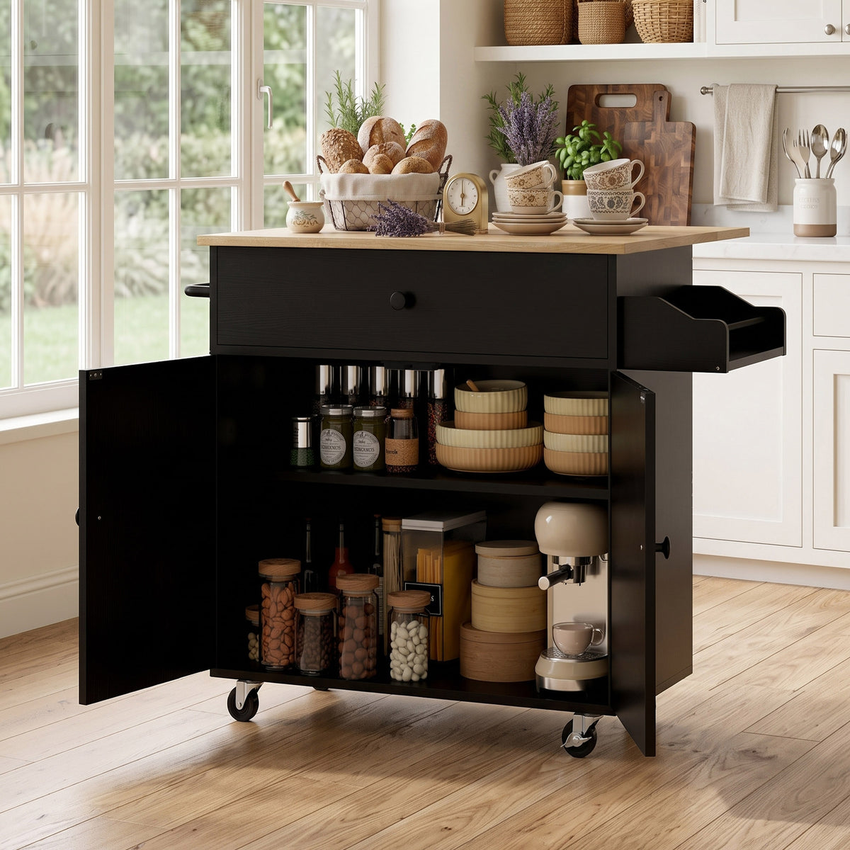Kitchen Island with Drop Leaf, Rolling Kitchen Storage Trolley on Wheels with Drawer, Spice Rack and Towel Rack, Storage Cart with Adjustable Shelf, Black