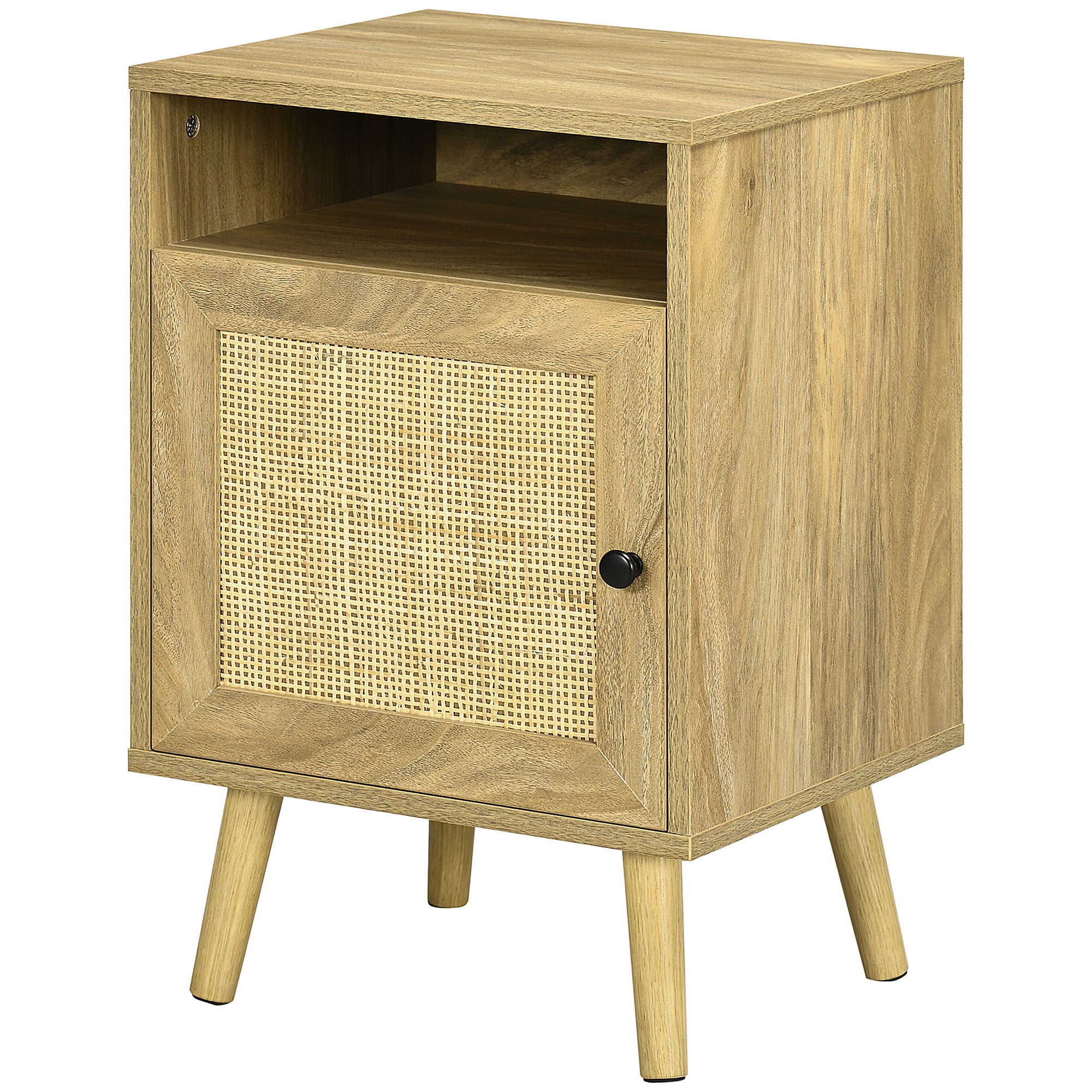 HOMCOM Bedside Table Nightstand with Storage Shelf and Door Cupboard, Side End Table with Rattan Element and Tapered Leg for Living Room, Bedroom, Natural