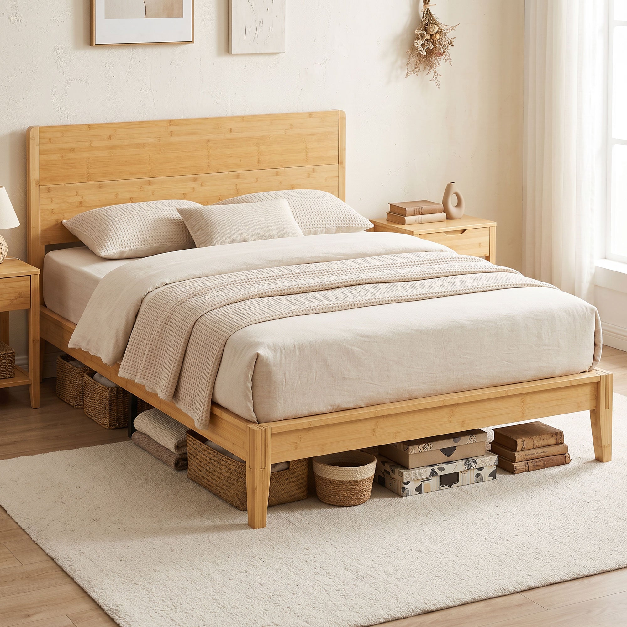 Queen Size Bamboo Platform Bed Frame with Headboard, Bed Frame with 12 Poplar Slats, No Box Spring Needed, Easy Assembly, Natural