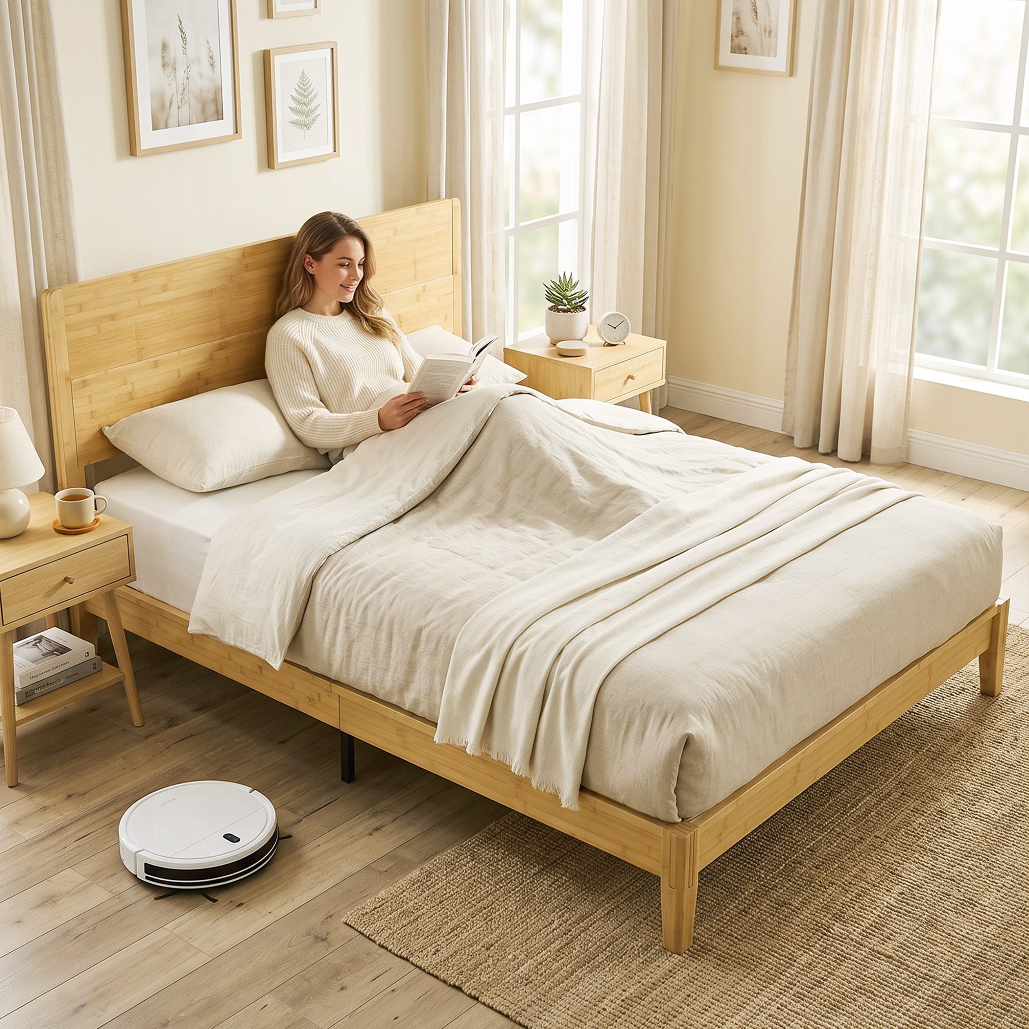 Queen Size Bamboo Platform Bed Frame with Headboard, Bed Frame with 12 Poplar Slats, No Box Spring Needed, Easy Assembly, Natural
