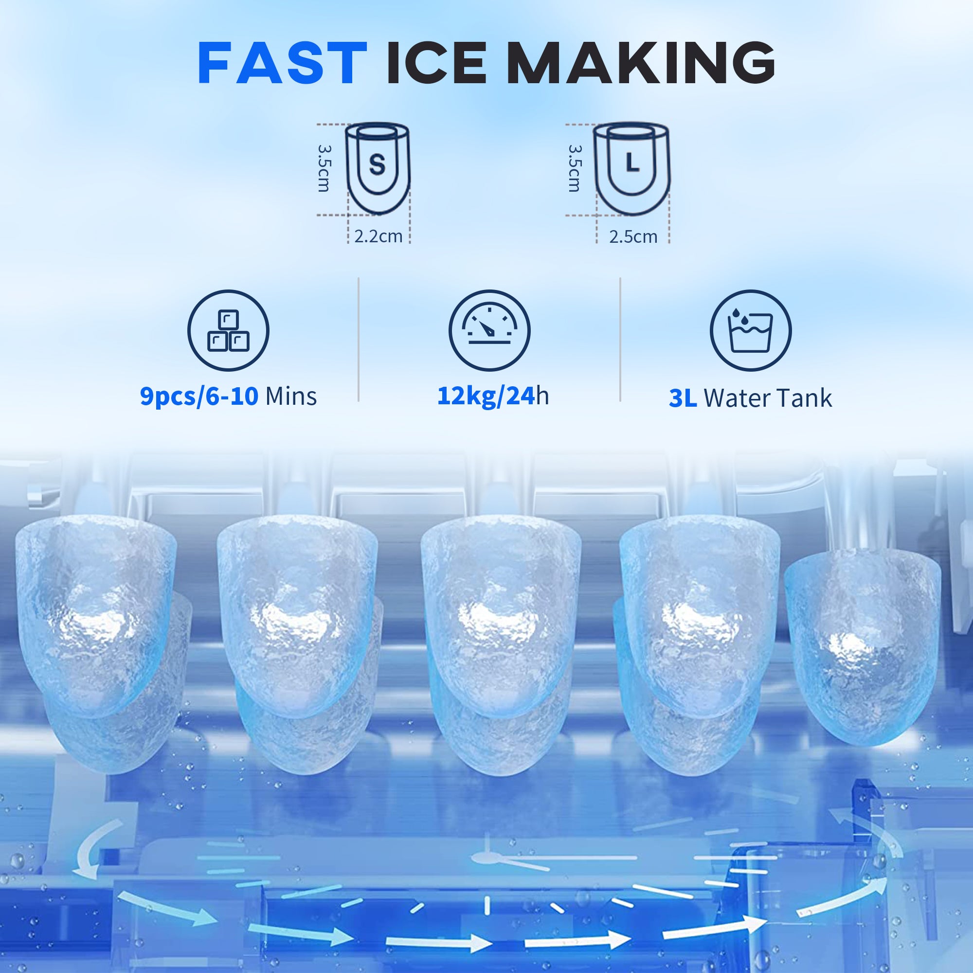 3L Ice Maker Machine and Water Dispenser, 12kg in 24H, 2 Size Options 9 Ice Cubes Ready in 6-10 Mins Countertop Ice Machine for Home, Kitchen, Office, Bar, Red