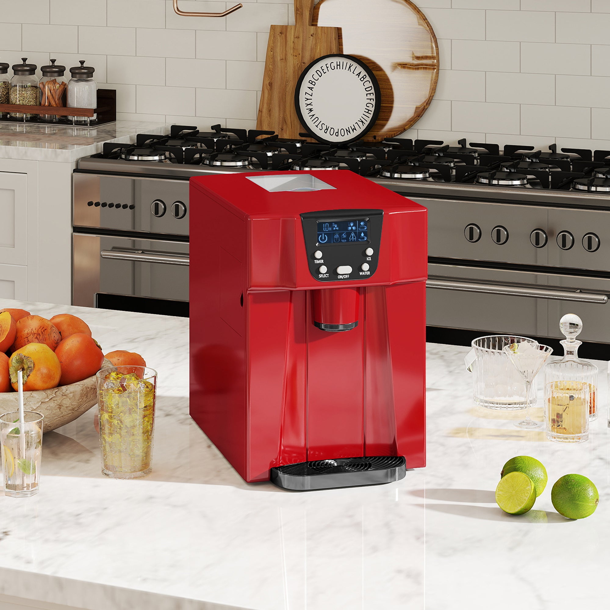3L Ice Maker Machine and Water Dispenser, 12kg in 24H, 2 Size Options 9 Ice Cubes Ready in 6-10 Mins Countertop Ice Machine for Home, Kitchen, Office, Bar, Red