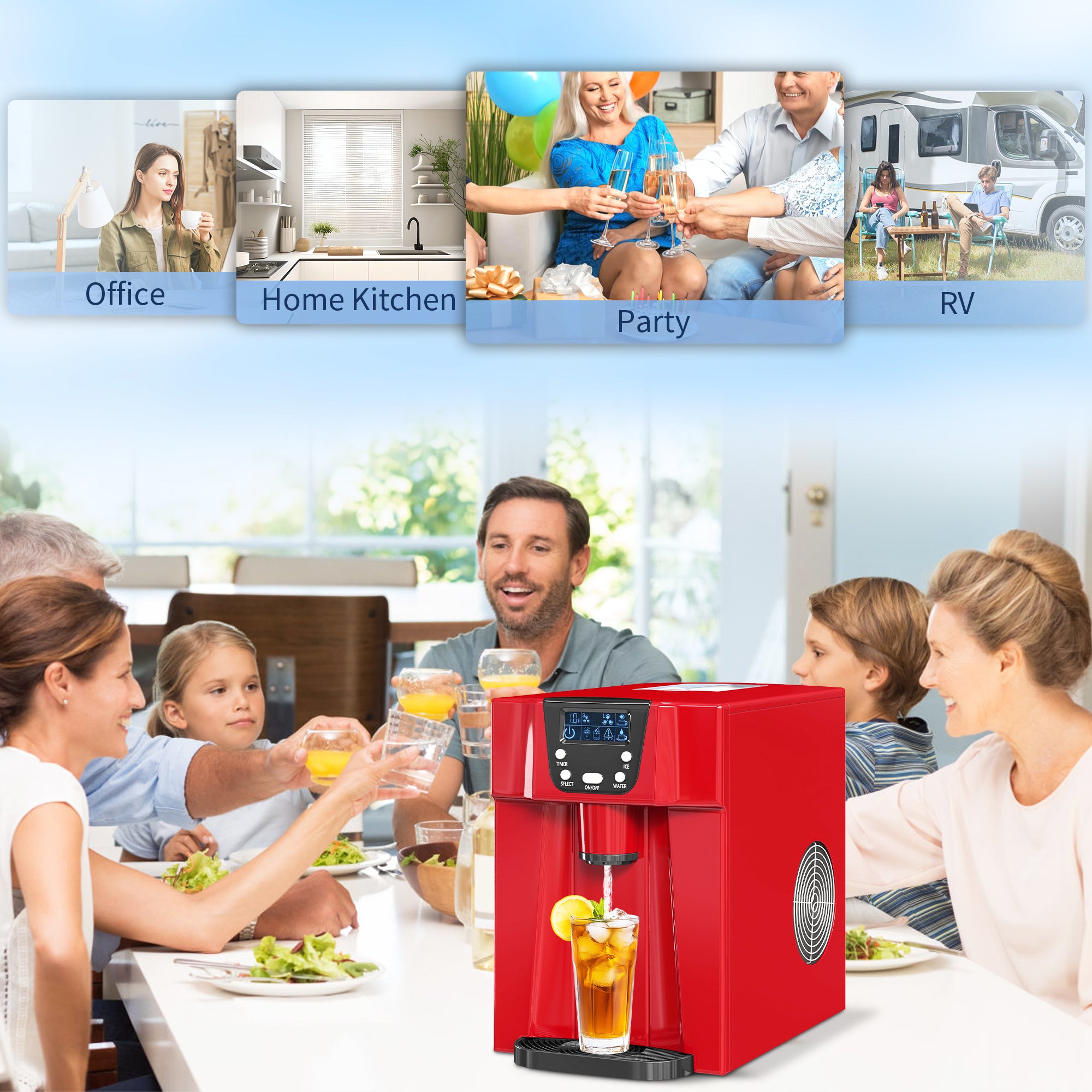 3L Ice Maker Machine and Water Dispenser, 12kg in 24H, 2 Size Options 9 Ice Cubes Ready in 6-10 Mins Countertop Ice Machine for Home, Kitchen, Office, Bar, Red