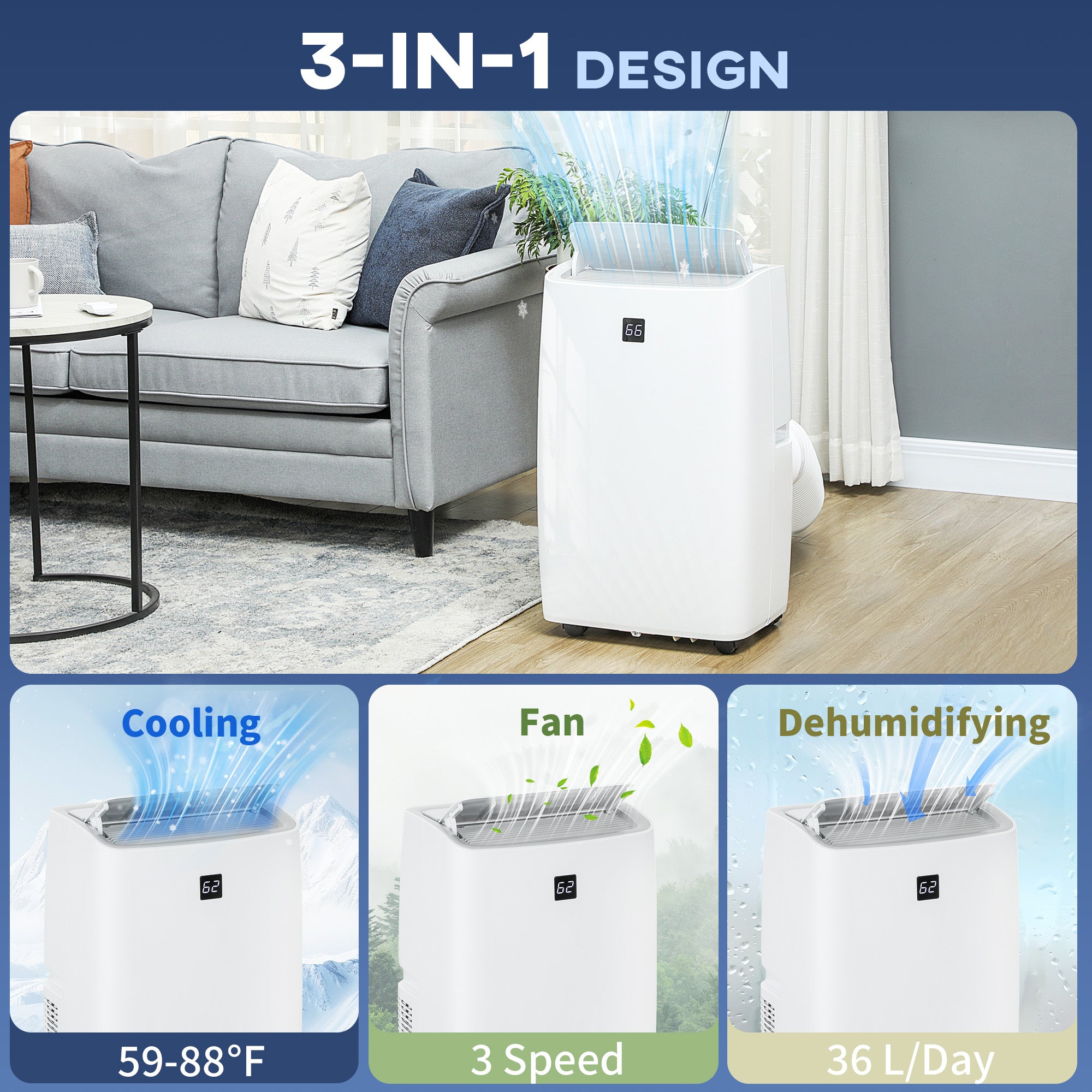 HOMCOM Portable Air Conditioner, 3-in-1 14000 BTU AC Unit with Cool, Dehumidifier, Fan, for Room up to 700 Sq. ft, 24H Timer On Off, 3 Speeds, Auto and Sleep Mode, Remote Control, Window Kit