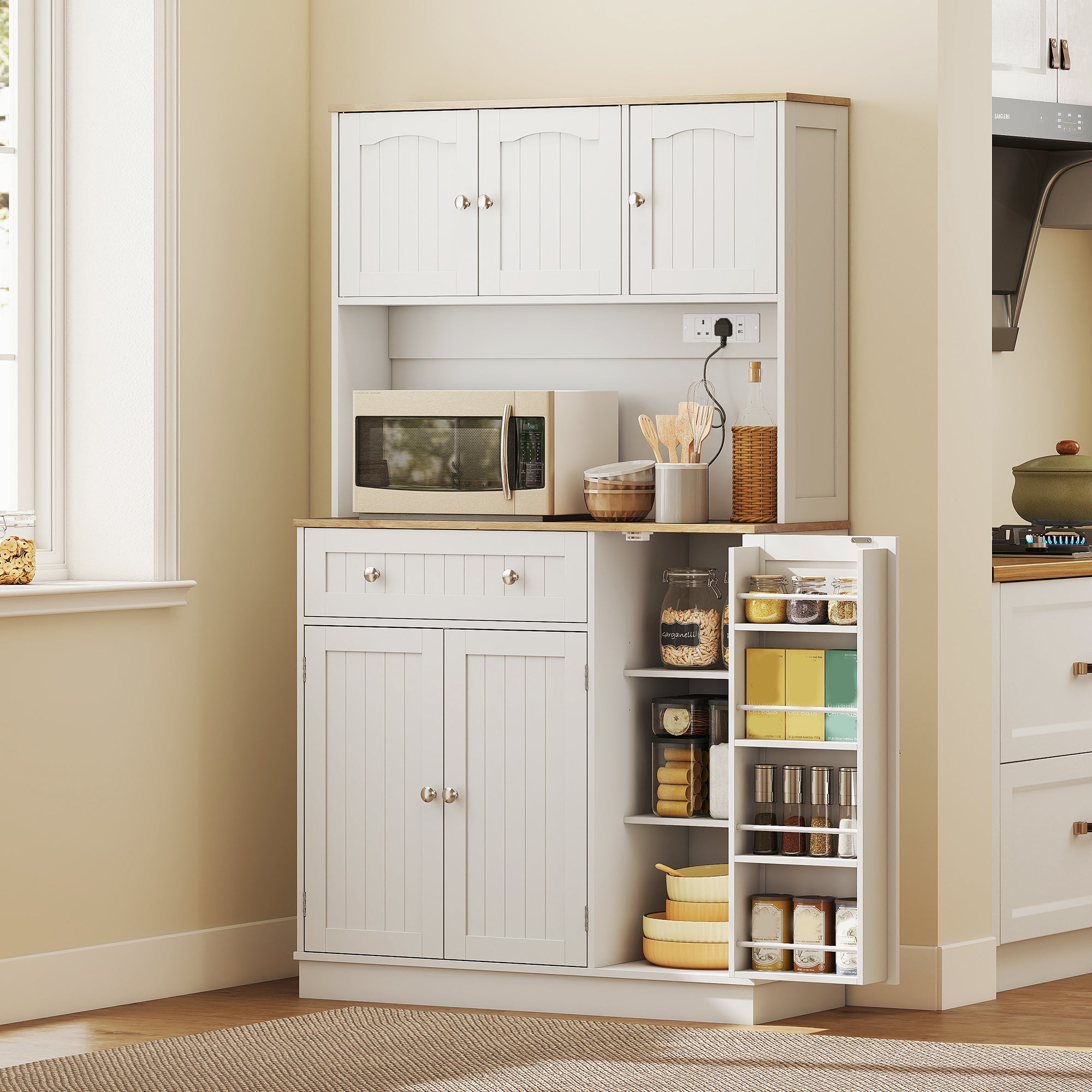173 cm Tall Kitchen Cupboard with Charging Station, Pantry Storage Cabinet with Microwave Stand, Adjustable Shelves, 4 Door Racks, Farmhouse Kitchen Cabinet for Dining Room, White