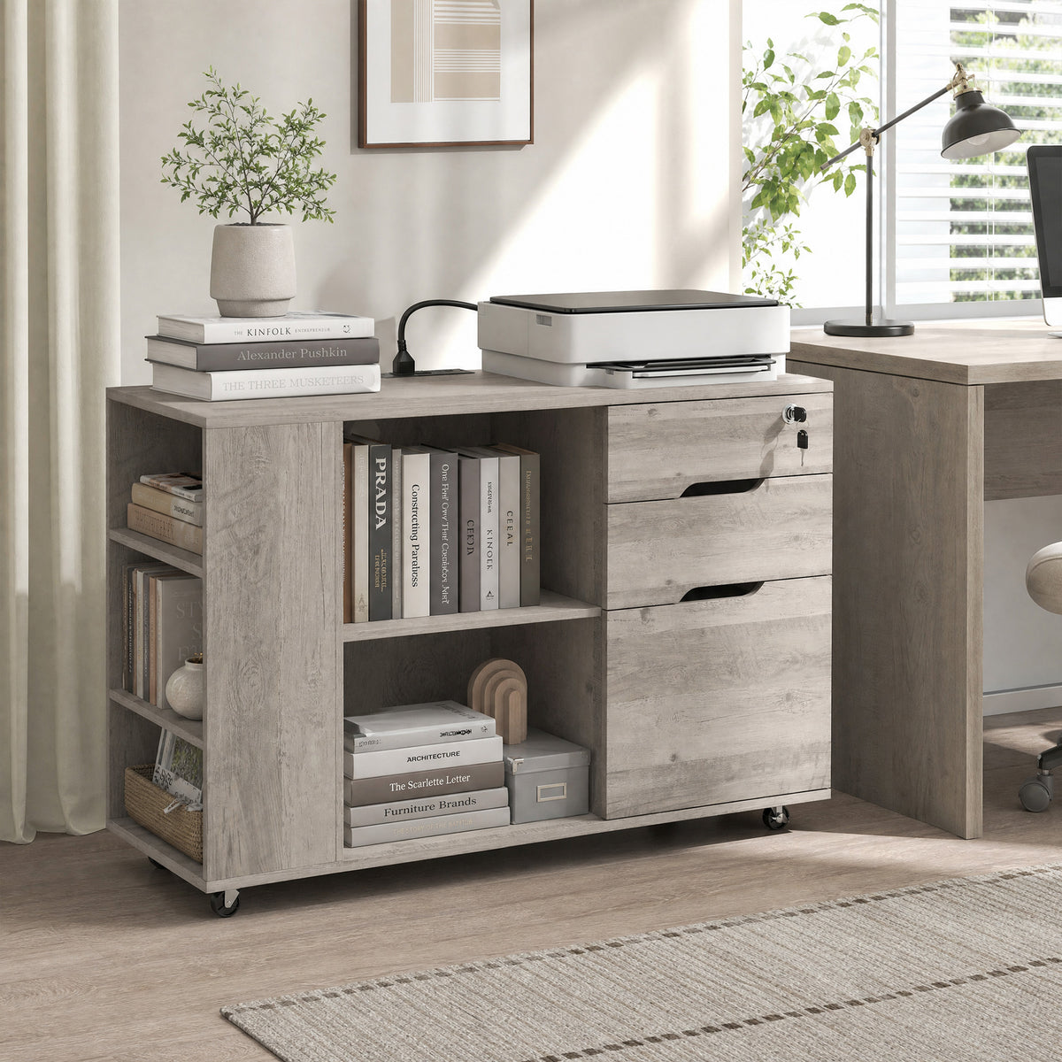 Lateral File Cabinet with Power Outlets, Drawers, Mobile Filing Cabinets, Cubbies, Shelves, Home Office Printer Stand, for A4, Letter Files, Home Office, Light Grey Brown